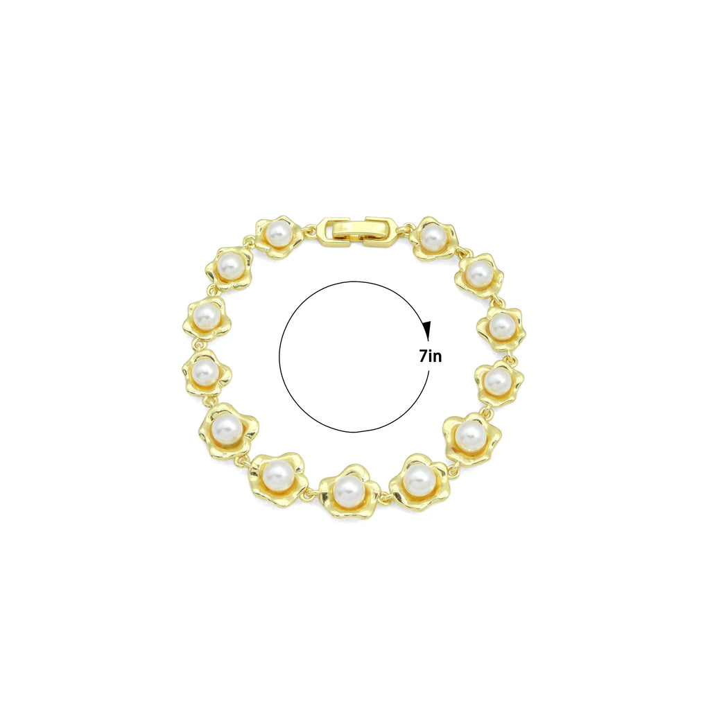 Gold Silver White Pearl Flower Bracelet, Sku#A507