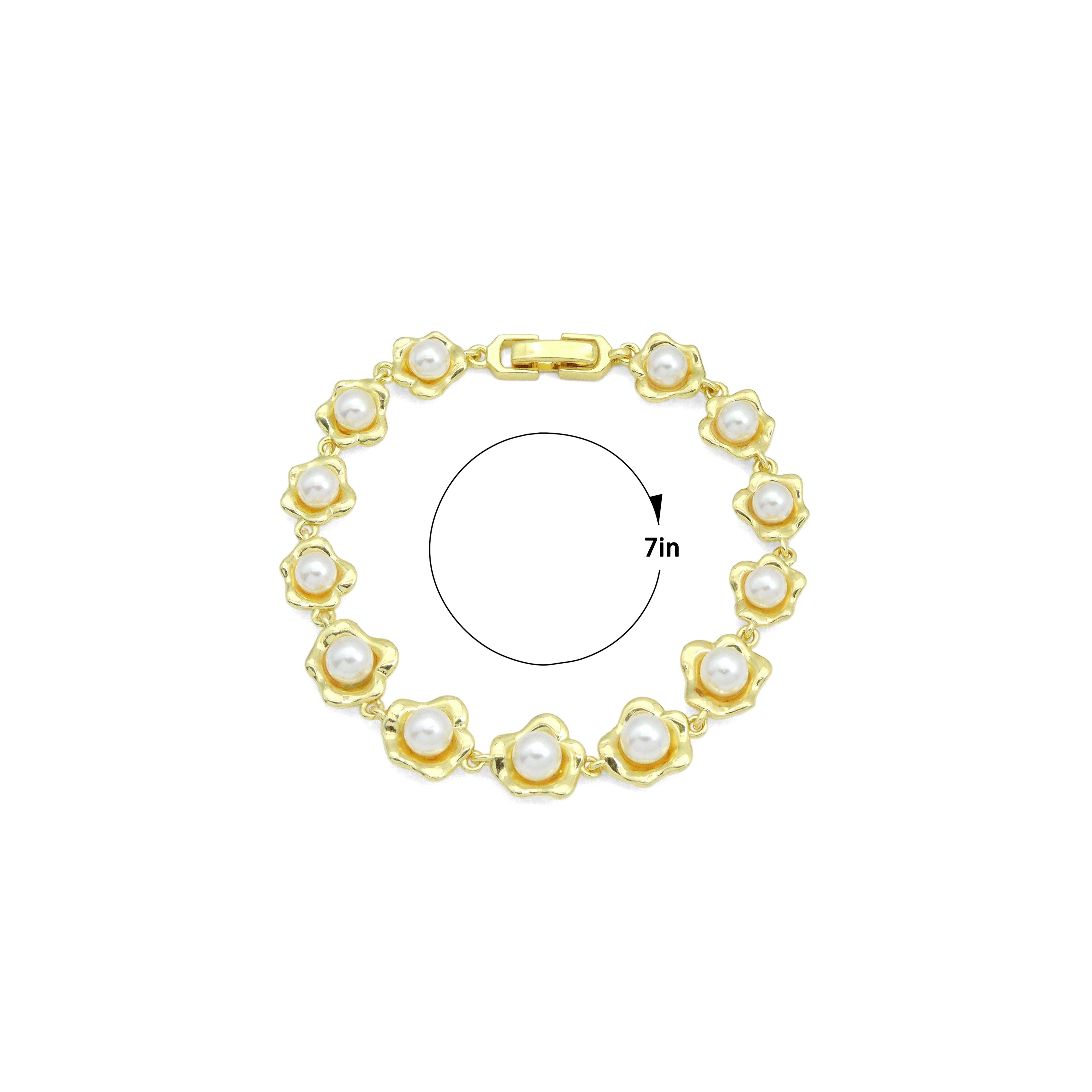 Gold Silver White Pearl Flower Bracelet, Sku#A507