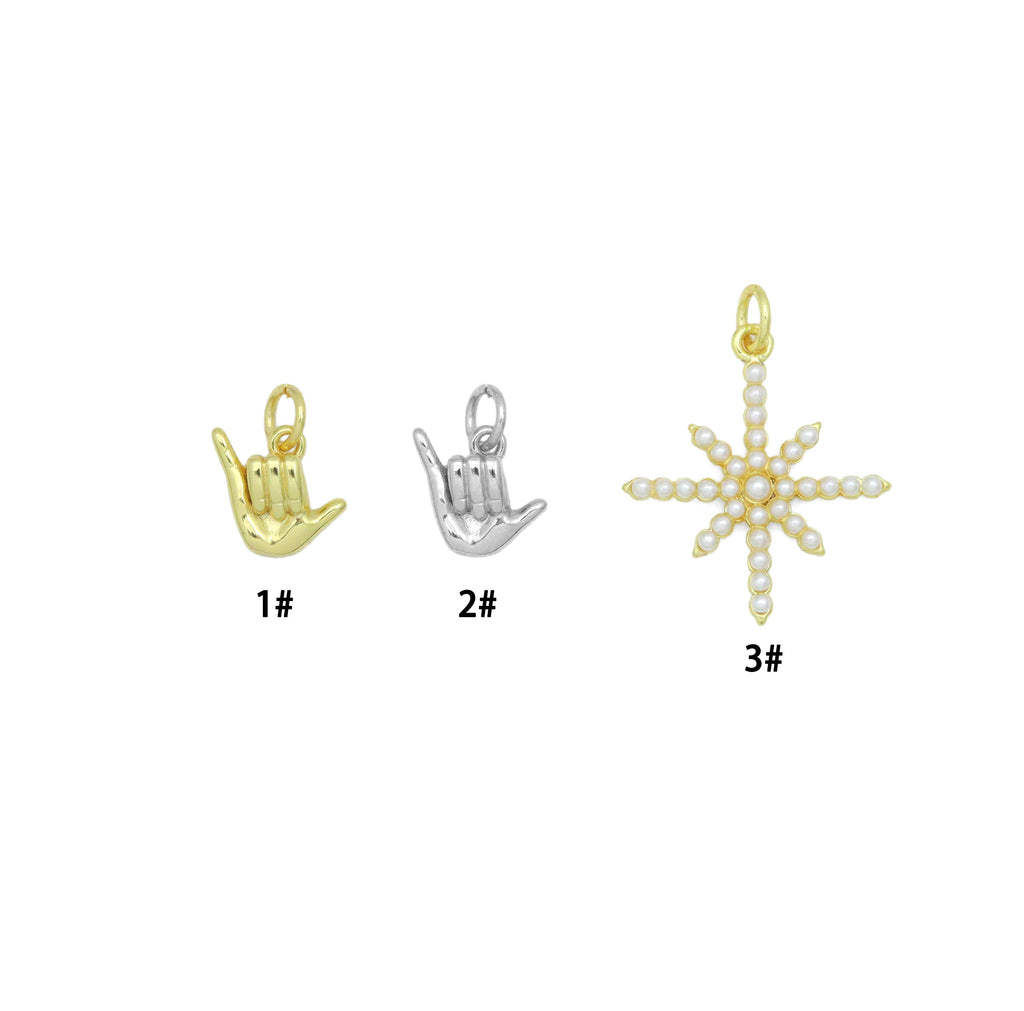 Gold Silver Shaka Hand Gesture Pearl North Star Pendant charm, Sku#A511