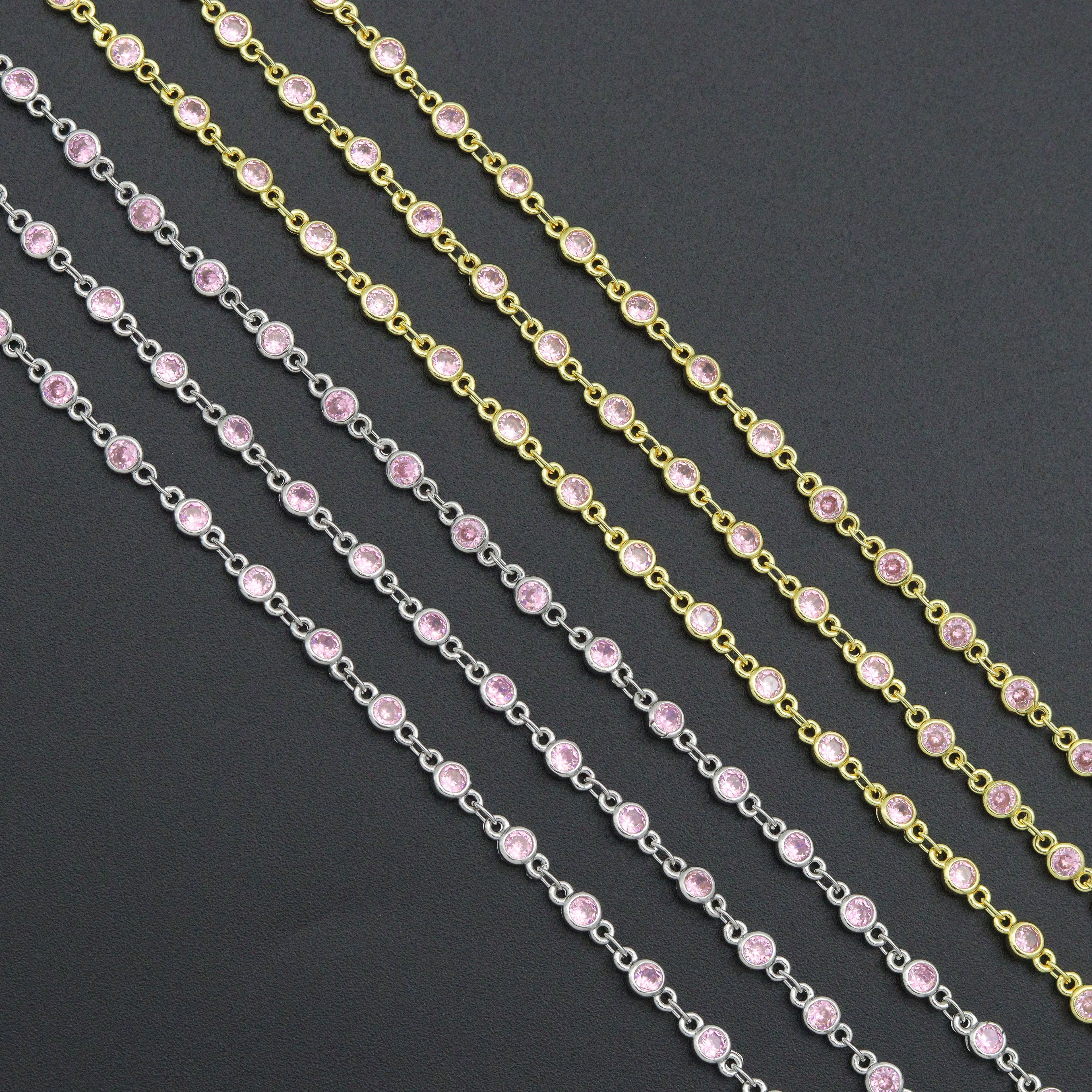 High Quality 1 Foot/Yard-Pink CZ Beaded Chain-4mm Cubic Zironia Bezel Chain, sku#A516