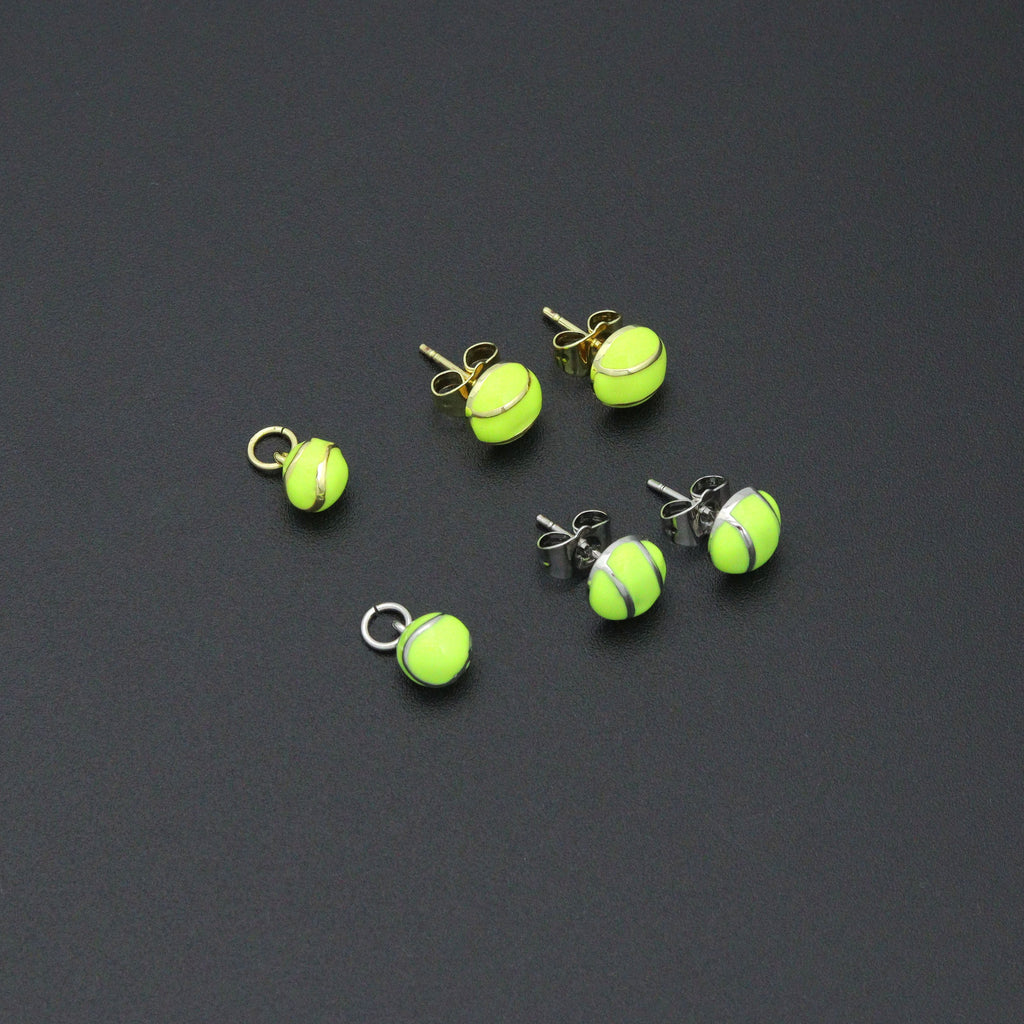 Gold Silver Tennis Ball Stud earrings, Sporty Tennis Ball Charms, Sku#A521