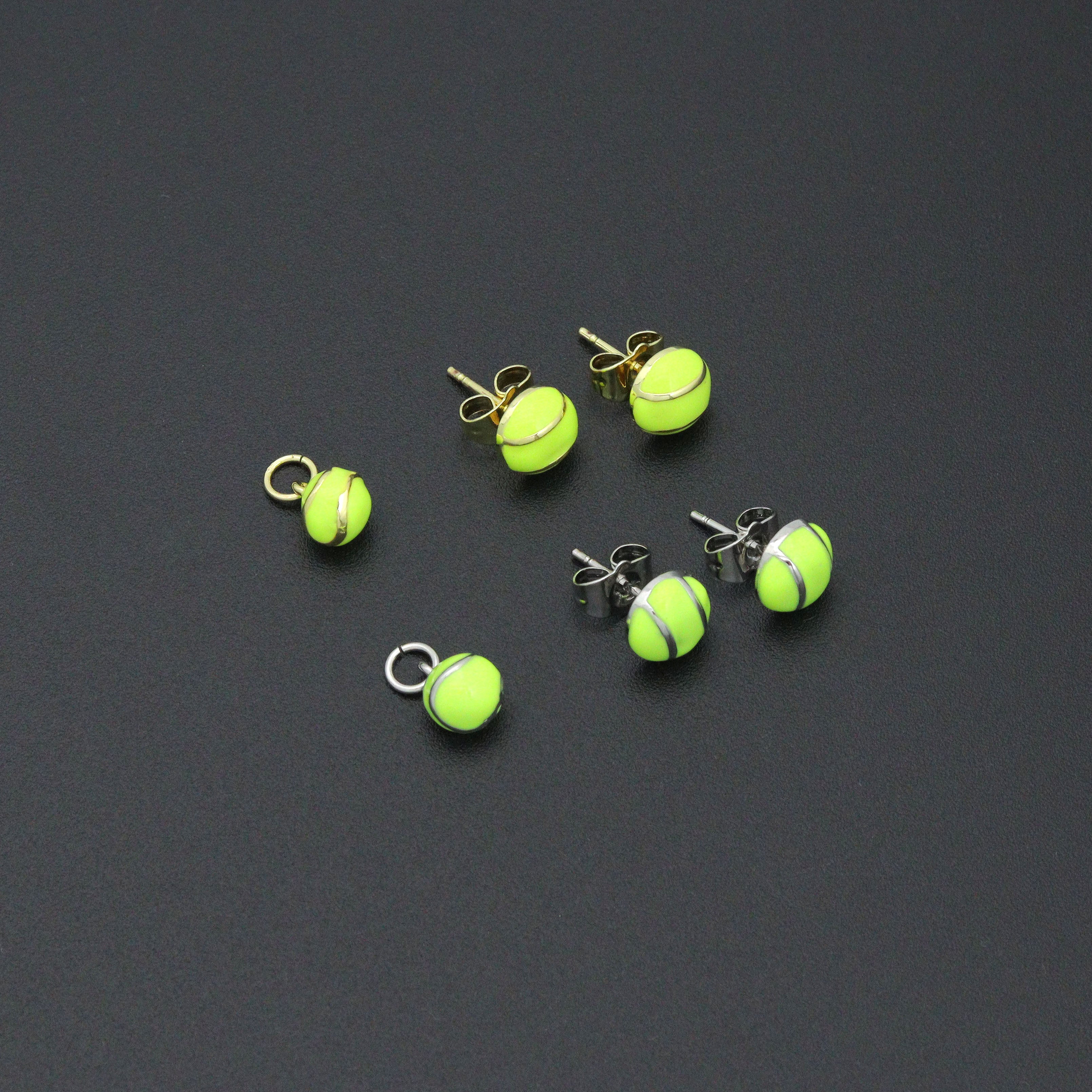 Gold Silver Tennis Ball Stud earrings, Sporty Tennis Ball Charms, Sku#A521