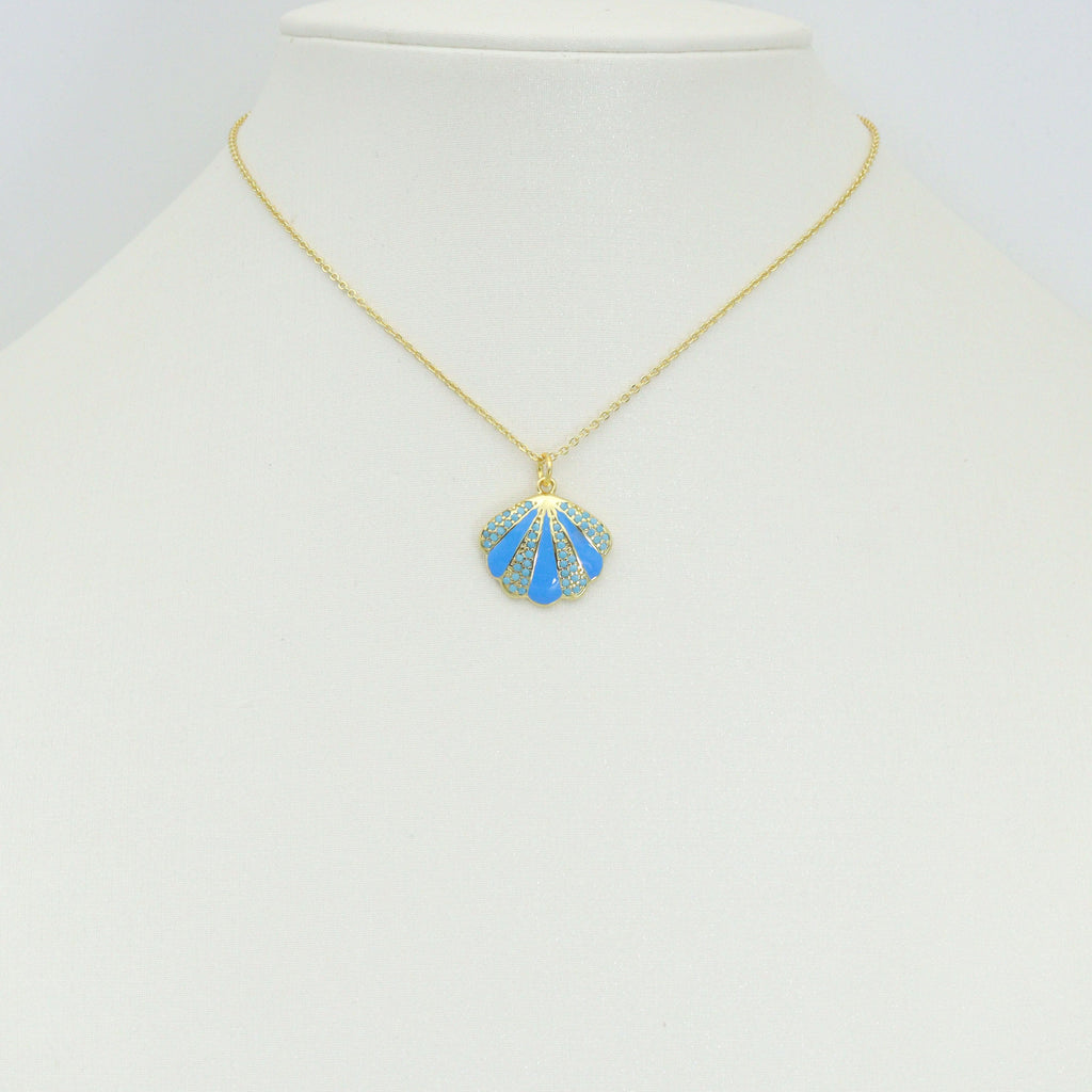 White Blue Enamel  CZ Clam Shell Charm Pendant, Sku#A515