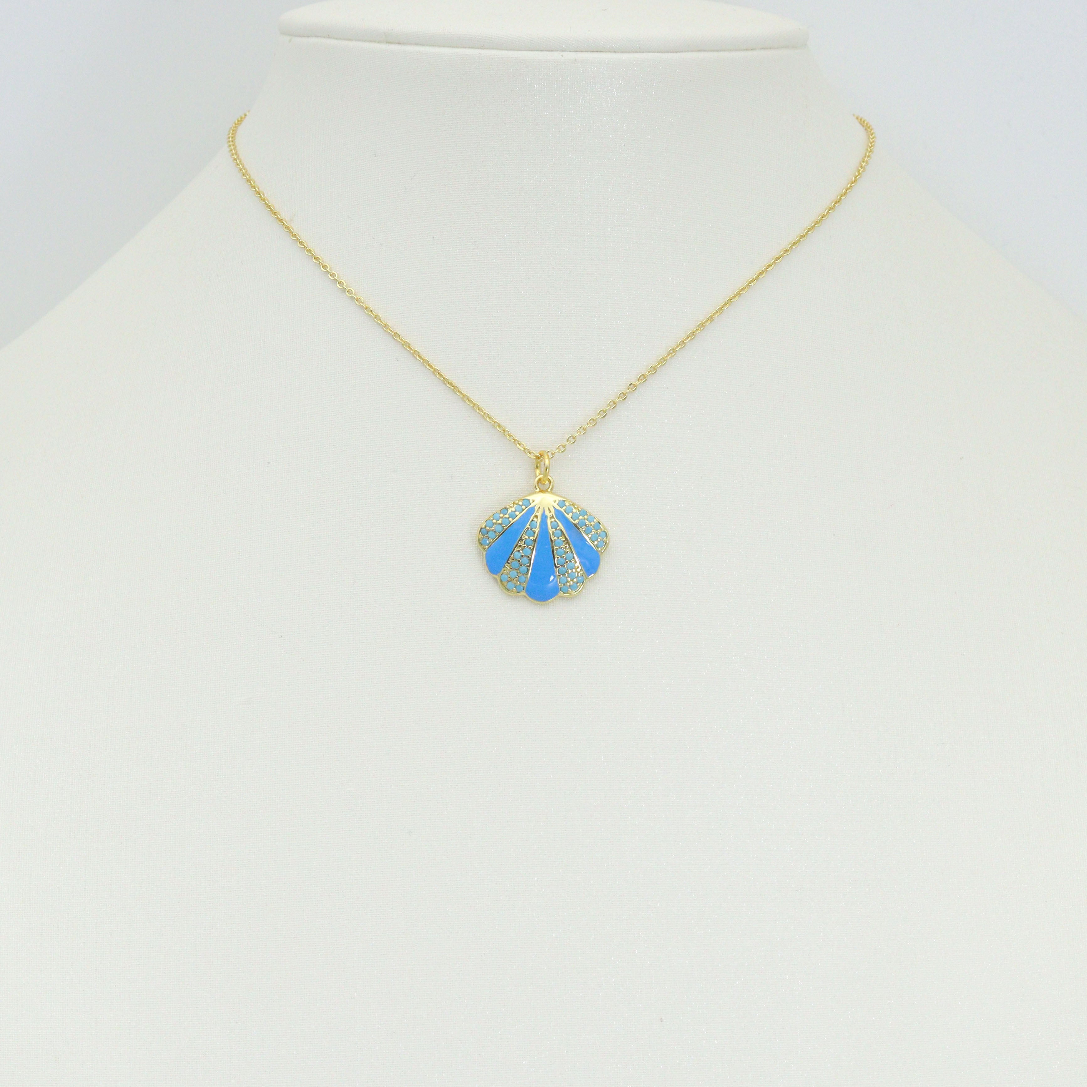 White Blue Enamel  CZ Clam Shell Charm Pendant, Sku#A515