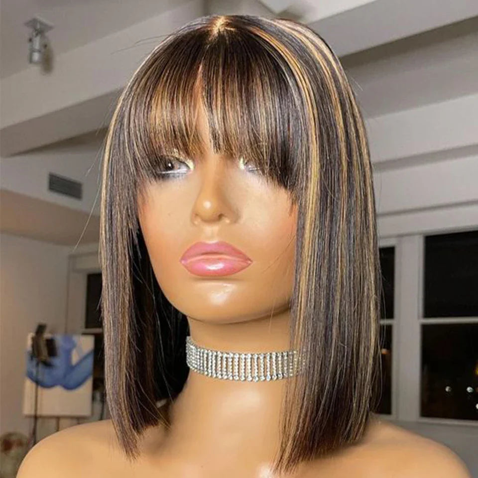 Perruque carrée droite Ombre #4/27 avec frange | Dessus en dentelle de cheveux humains et cuir chevelu réaliste