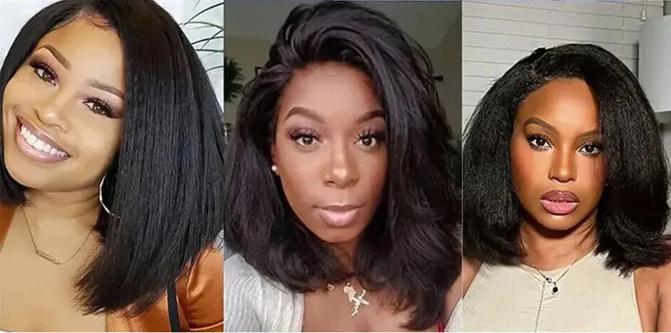 Perruque carrée courte et lisse crépu | Cheveux naturels indétectables sans colle avec raie naturelle