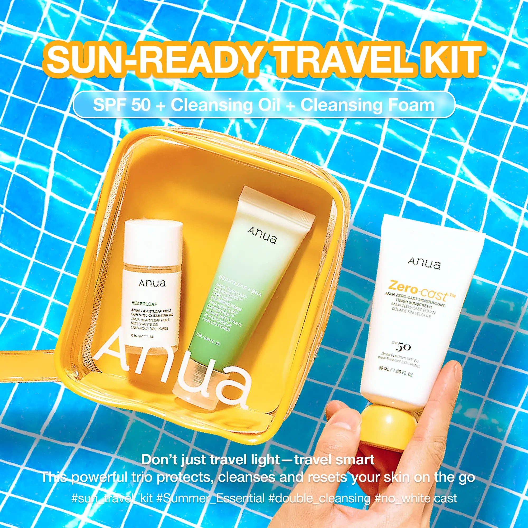 [Anua] Sun-Ready Travel Kit ｜No White Cast Sunscreen, Mini Cleansing Foam, Mini Cleansing Oil, Travel Size, Korean Skincare, Spf, Deep Pore Cleanse, Suncare