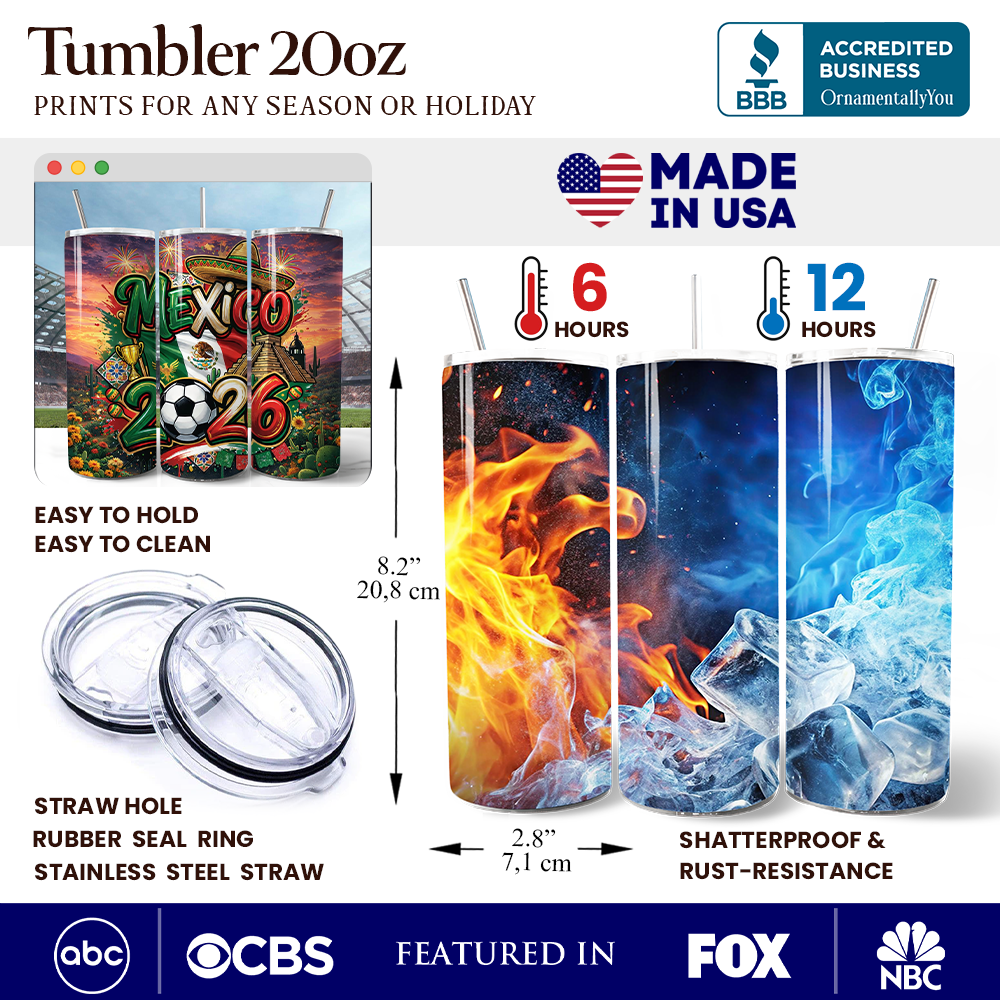 Gobelet de 20oz avec couvercle et paille en acier inoxydable Coupe du Monde de Football Mexique 2026, cadeau pour les fans de football