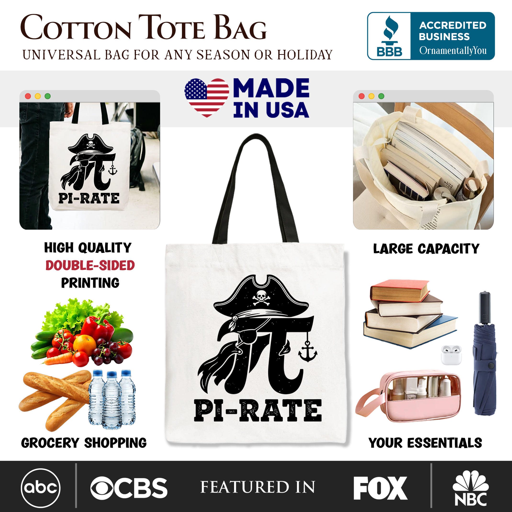 Pi 3.14 Pirate Tote Bag, Funny Math Pun Pi Day Gift Shopper