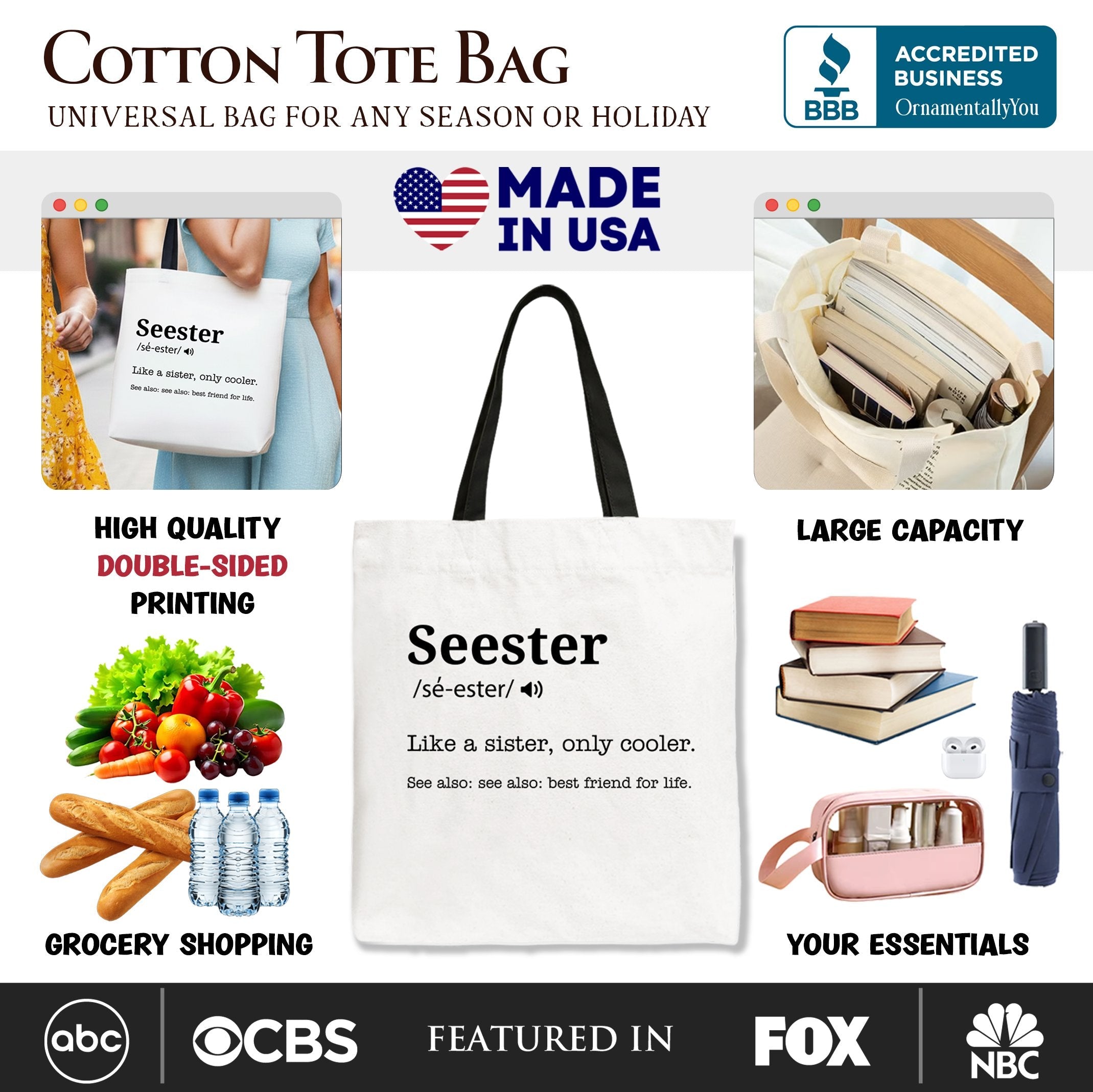 Seester Definition Canvas Tote Bag, Funny Gift Shopper for Cool and Close Sisters