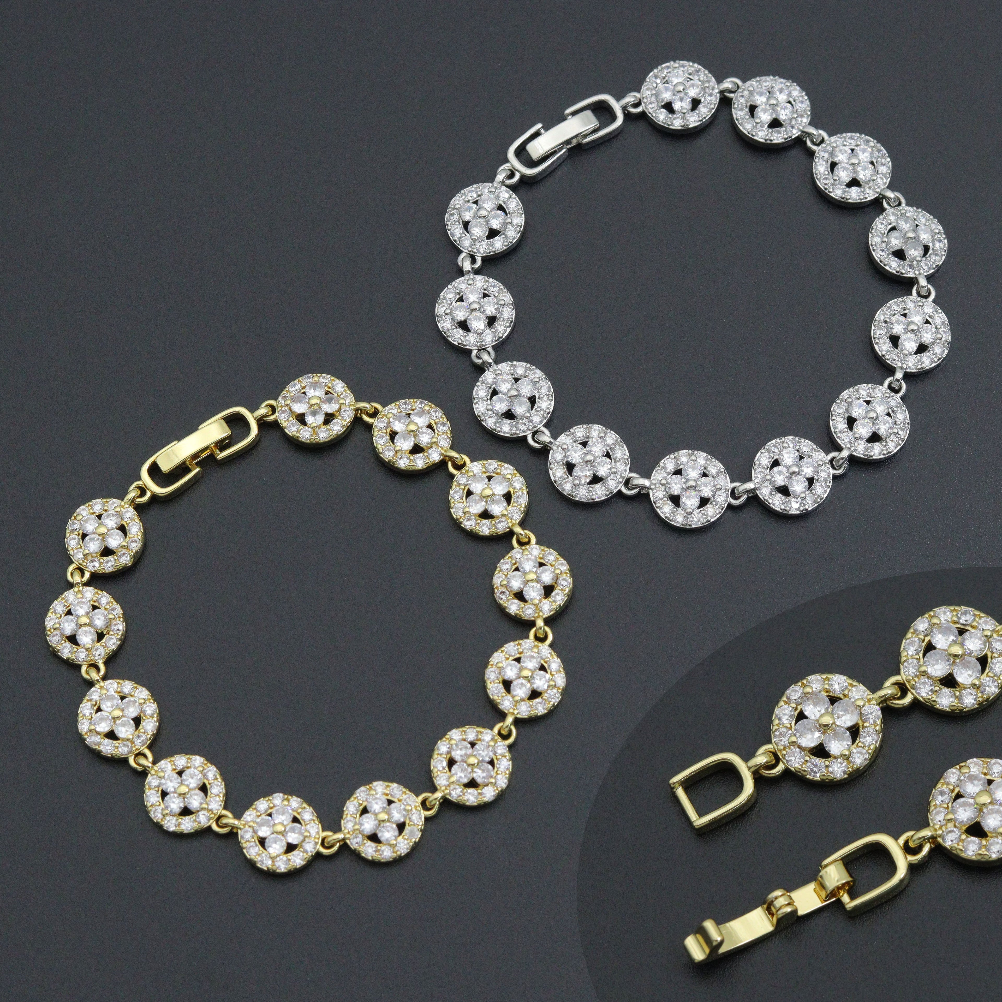 CZ Gold Silver Flower Bezel Setting Bracelet, Sku#B217