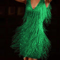 Robe à franges frénésie émeraude | Col en V sans manches sexy pour la Saint-Patrick