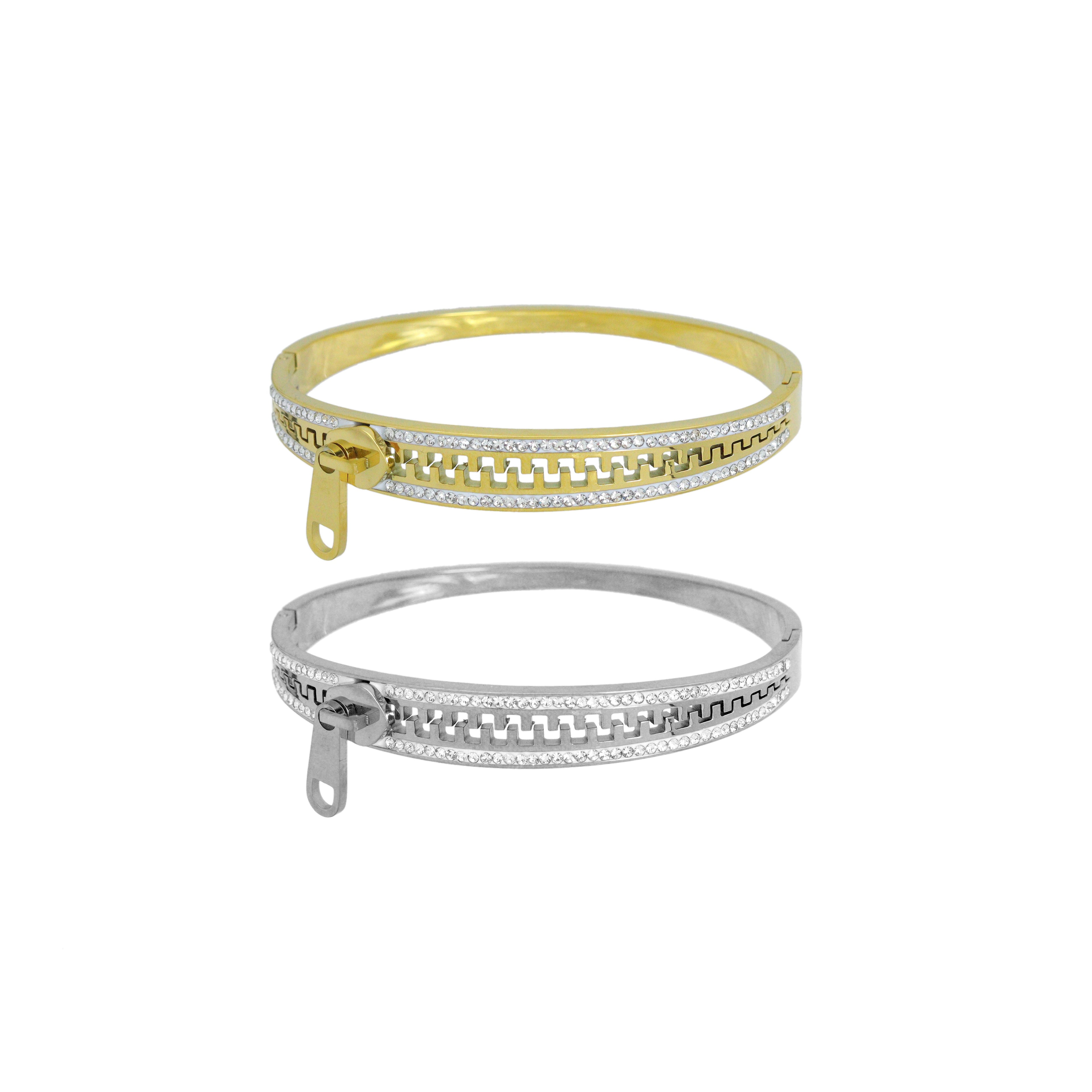 Gold Silver Stainless Steel Zipper CZ Pave  Bracelet, Sku#BXG10