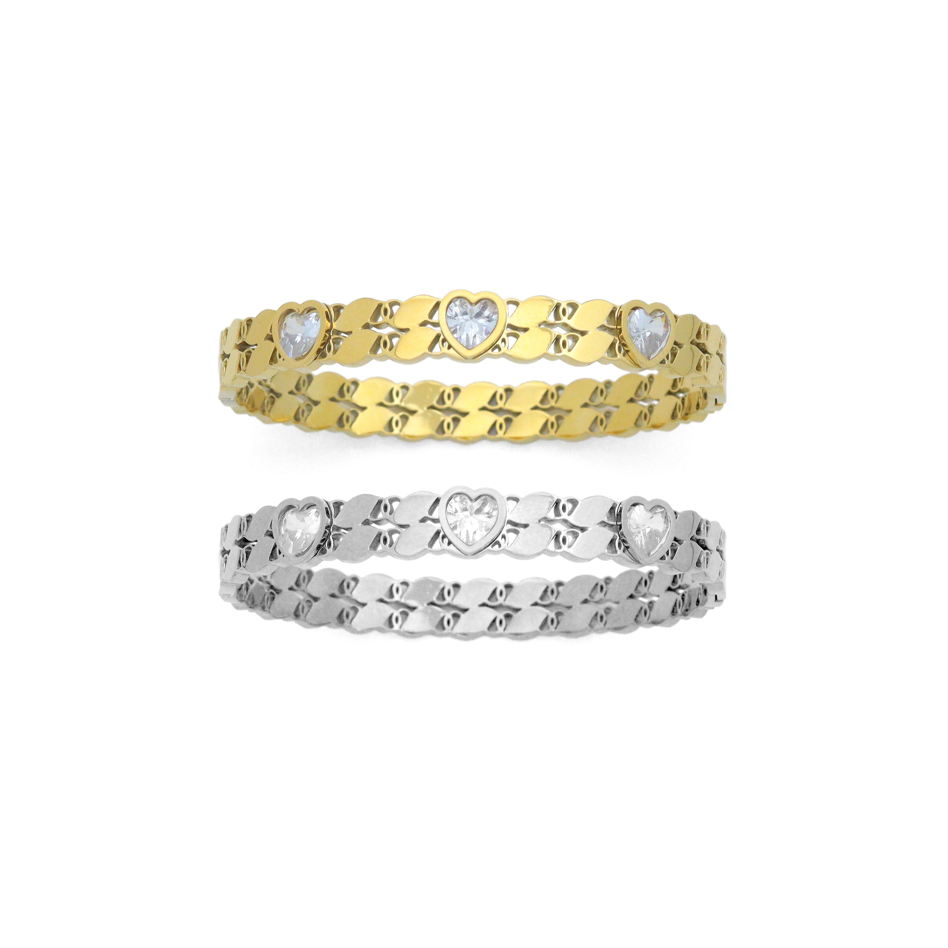 Clear Heart CZ Gold Silver Adjustable Bracelet, Sku#BXG11