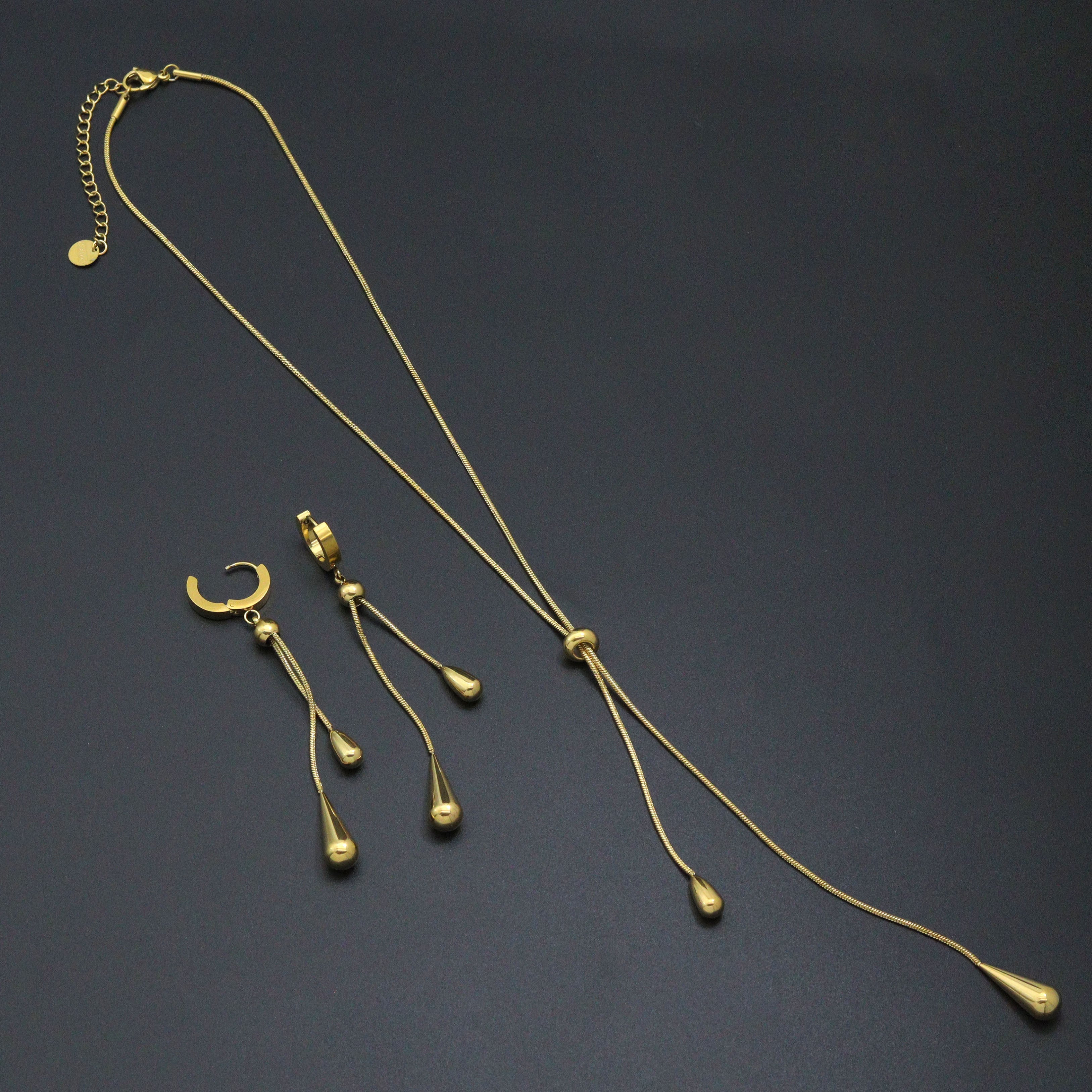 Gold Teardrop Pendant Snake Chain Necklace Earring set, Sku#BXG13