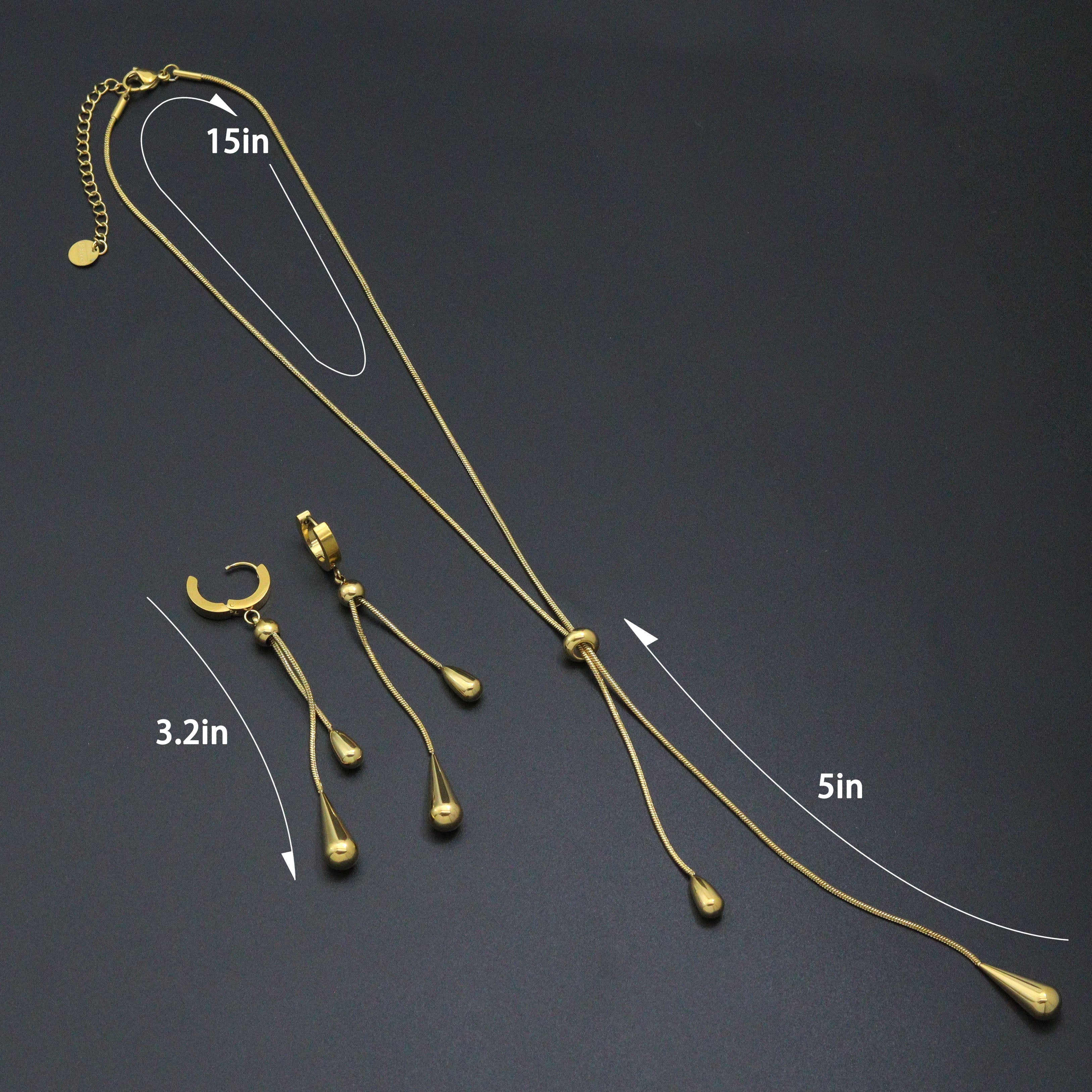 Gold Teardrop Pendant Snake Chain Necklace Earring set, Sku#BXG13
