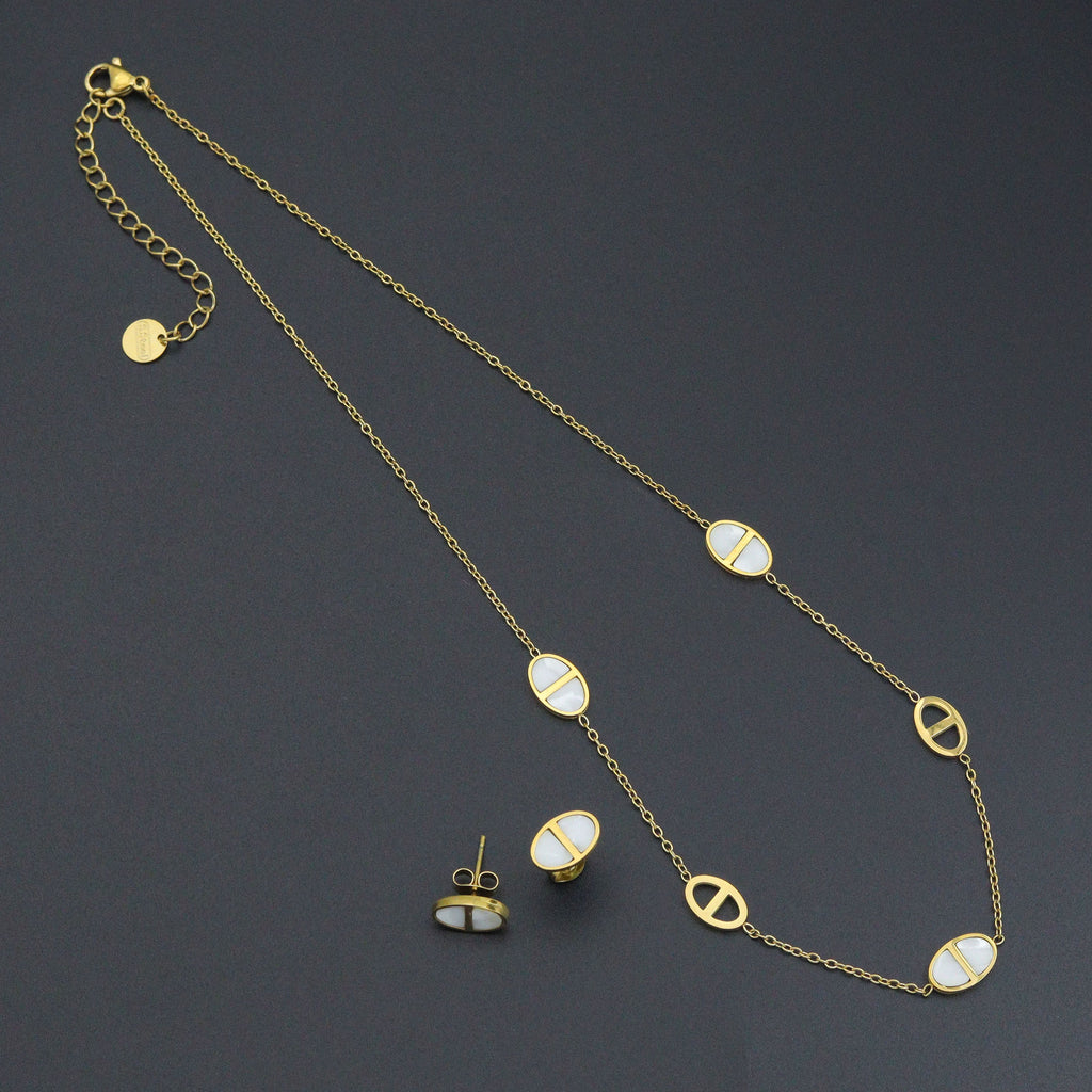 Mother of Pearl Oval Gold Link Adjustable Necklace Earring set, Sku#BXG14