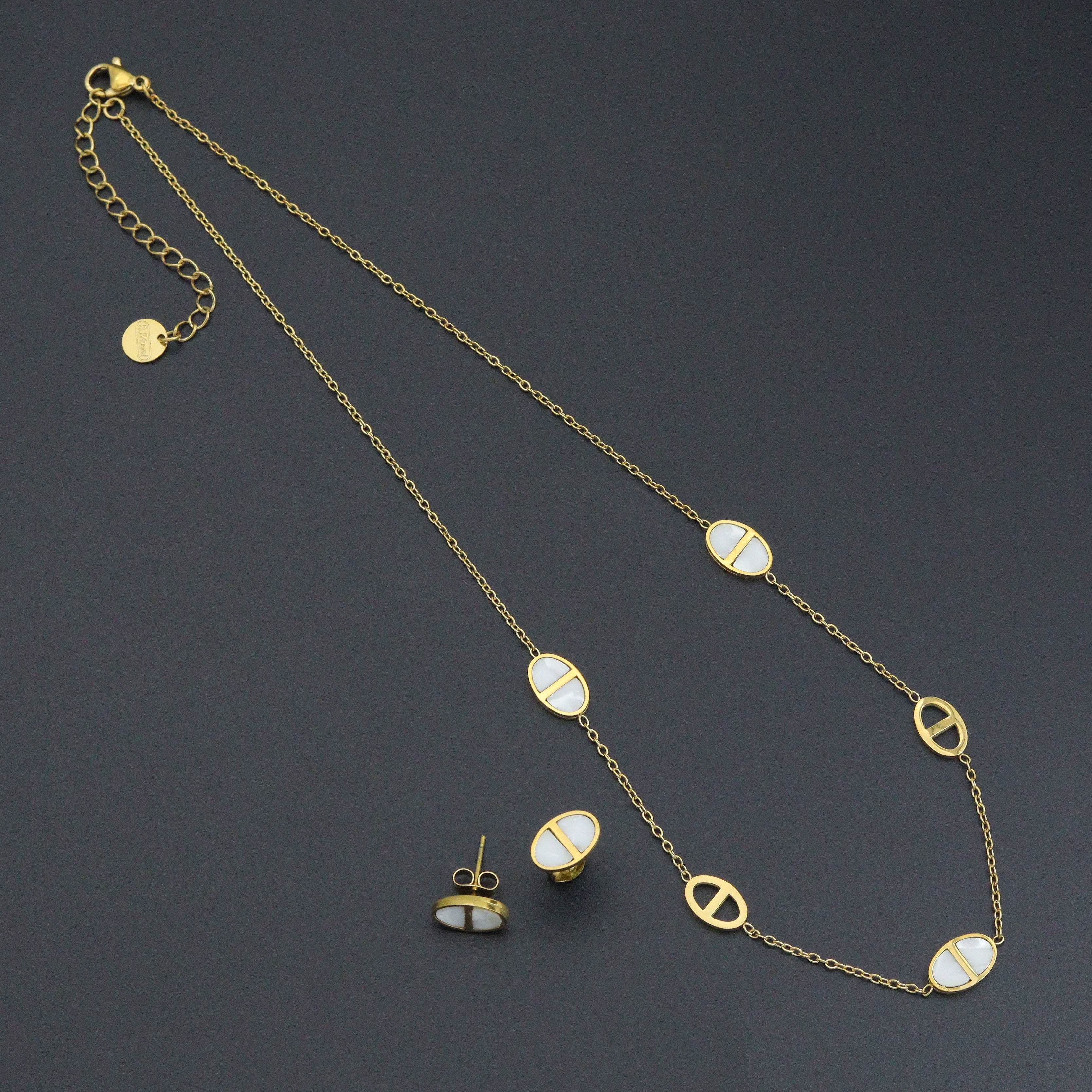 Mother of Pearl Oval Gold Link Adjustable Necklace Earring set, Sku#BXG14