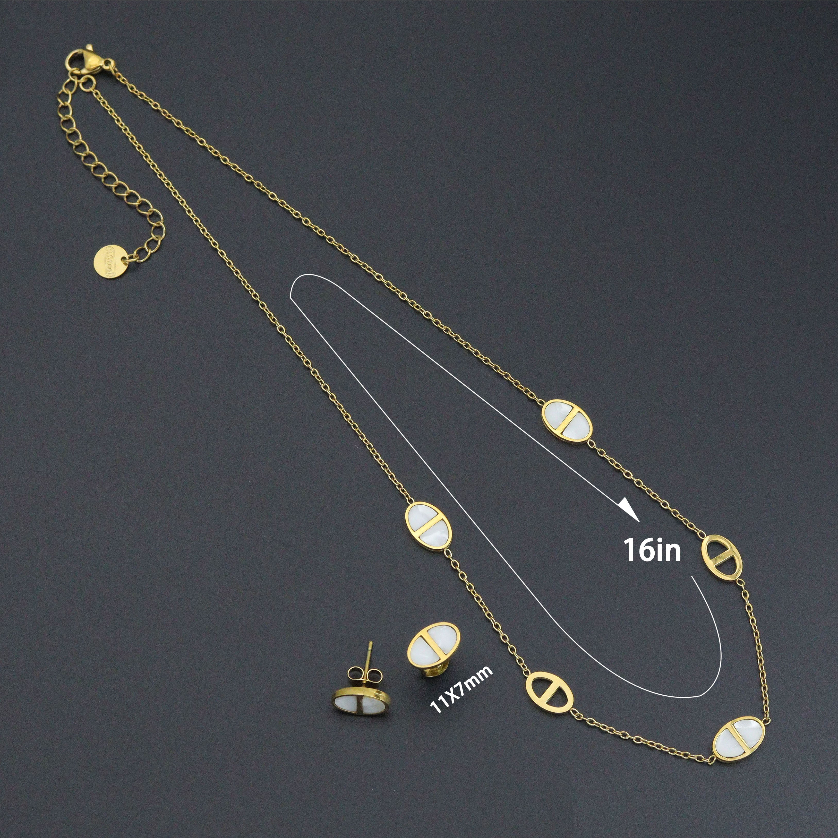 Mother of Pearl Oval Gold Link Adjustable Necklace Earring set, Sku#BXG14