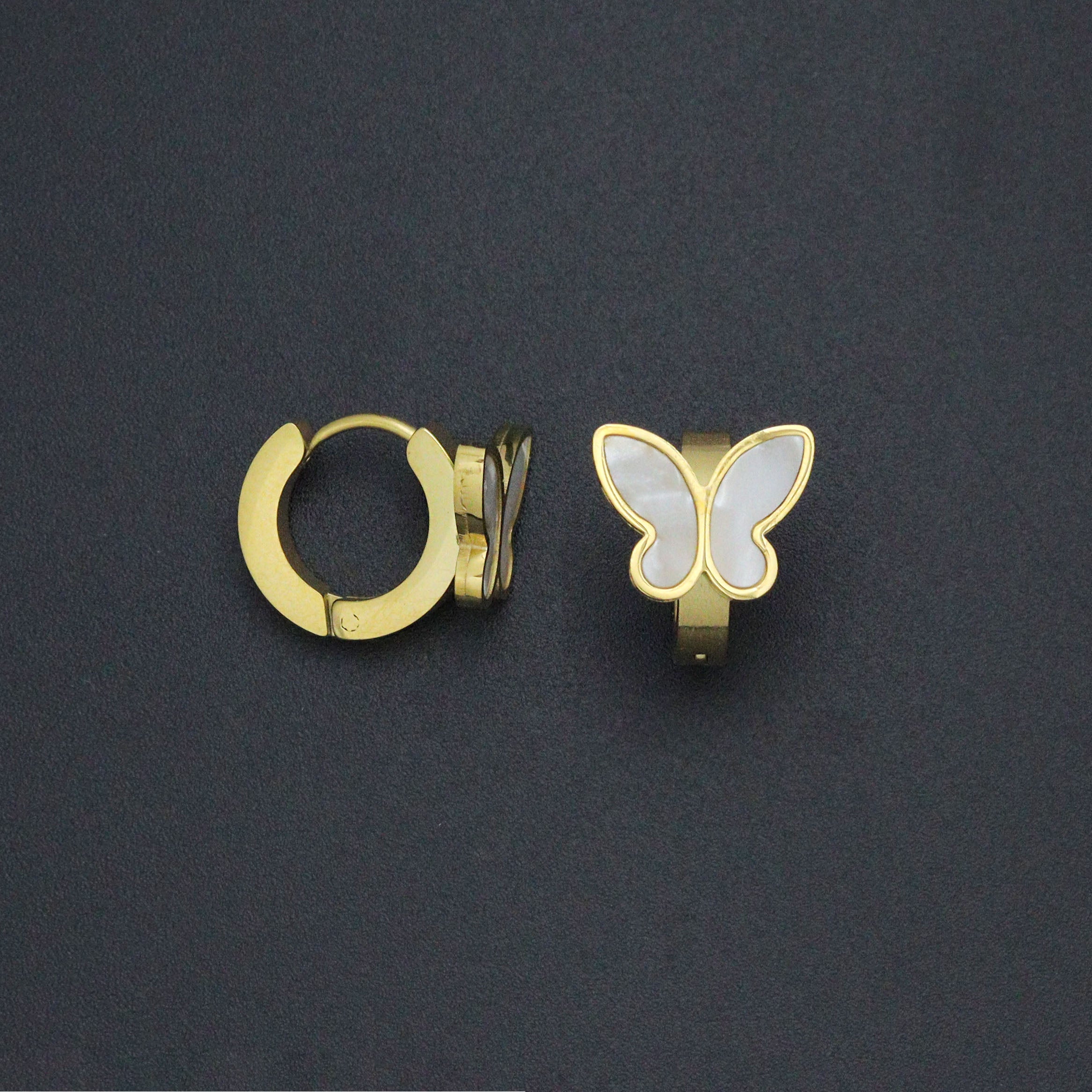 White Mother of Pearl Butterfly Hoop Earrings, Sku#BXG16