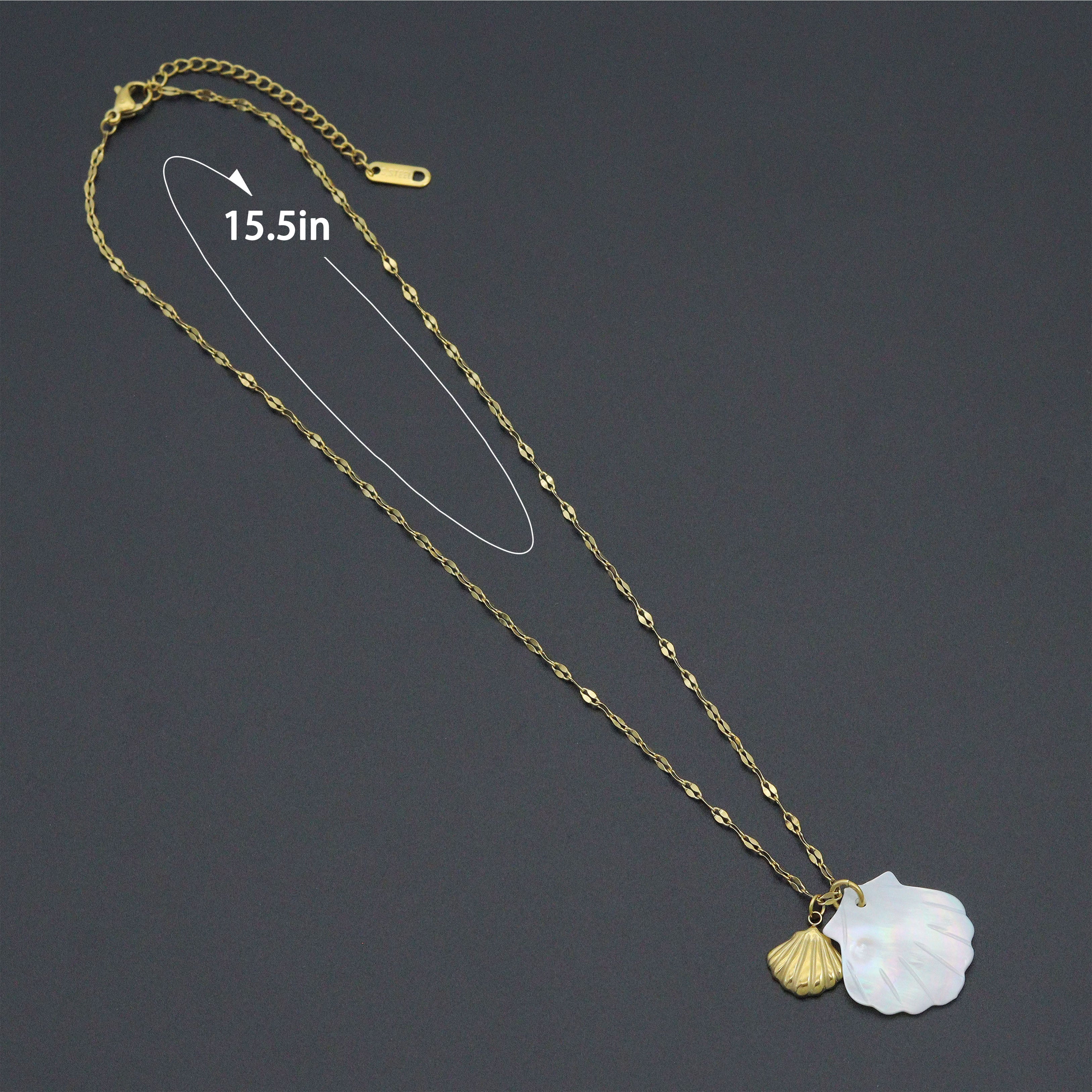 Mother of Pearl Shell Pendant Gold Dainty Link Adjustable Necklace , Sku#BXG17