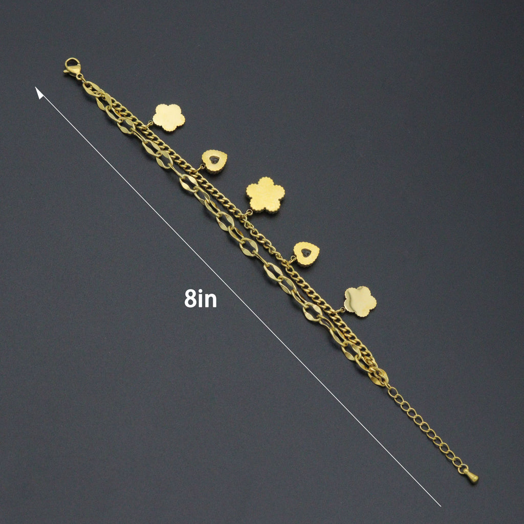 Gold Clover Heart Pendant Doule Link Chain Charm Bracelet, Sku#BXG19