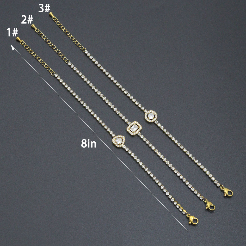 Tennis Chain Bracelet with Heart Rectangle Round CZ Bracelet, Sku#BXG21