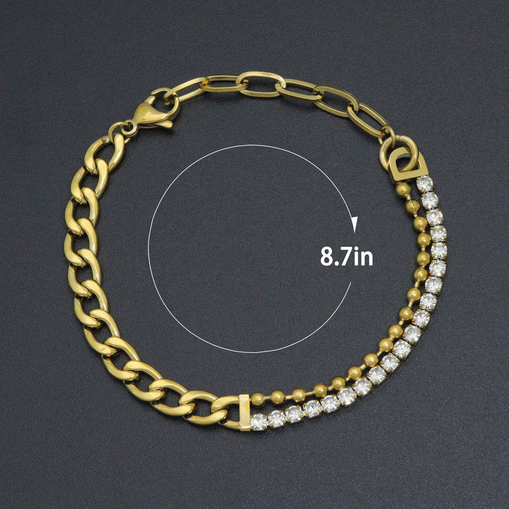 Stainless Steel Gold Cuban Link Chain CZ Ball chain Adjustable Bracelet, Sku#BXG22