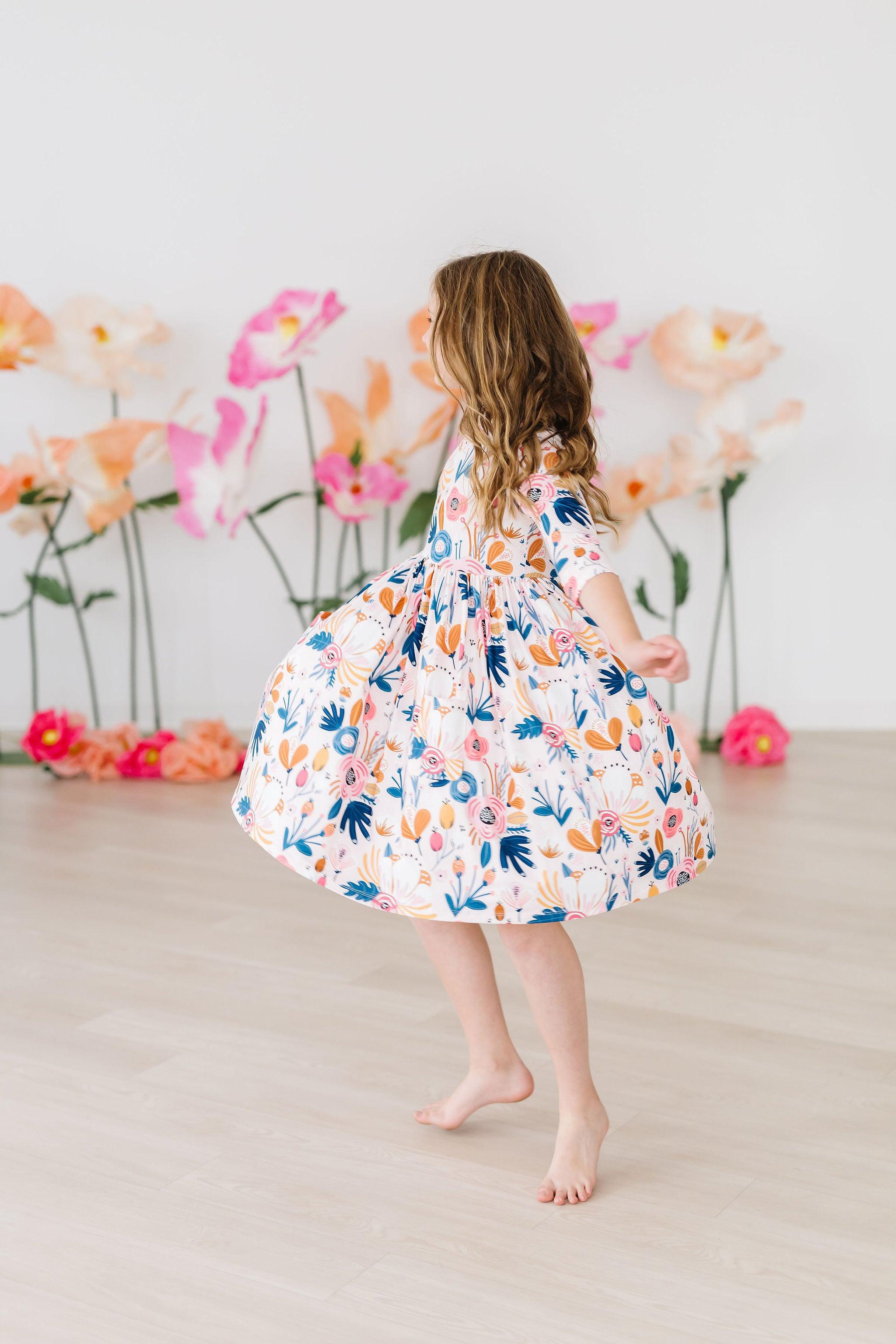 Robe Tournante Manches 3/4 avec Poches et Imprimé Pivoine Rosée