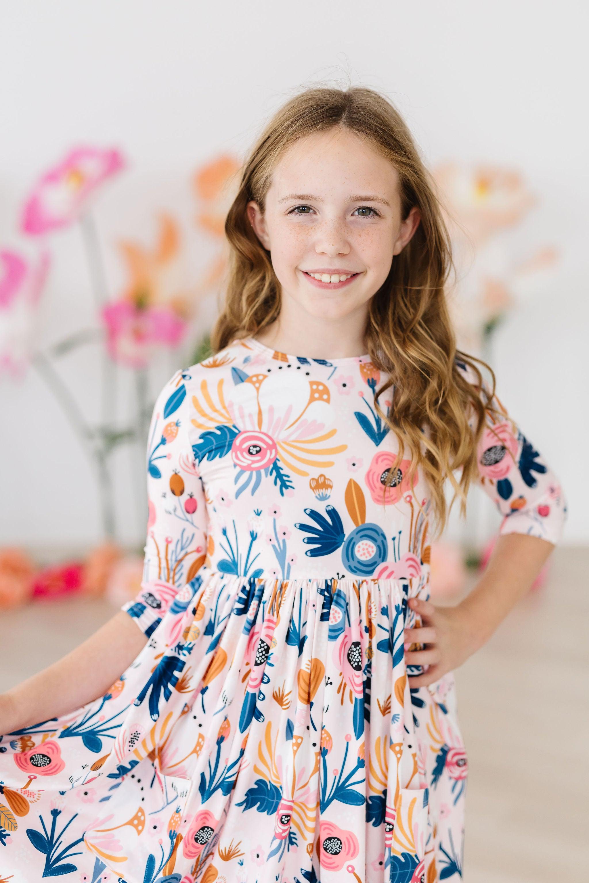Robe Tournante Manches 3/4 avec Poches et Imprimé Pivoine Rosée