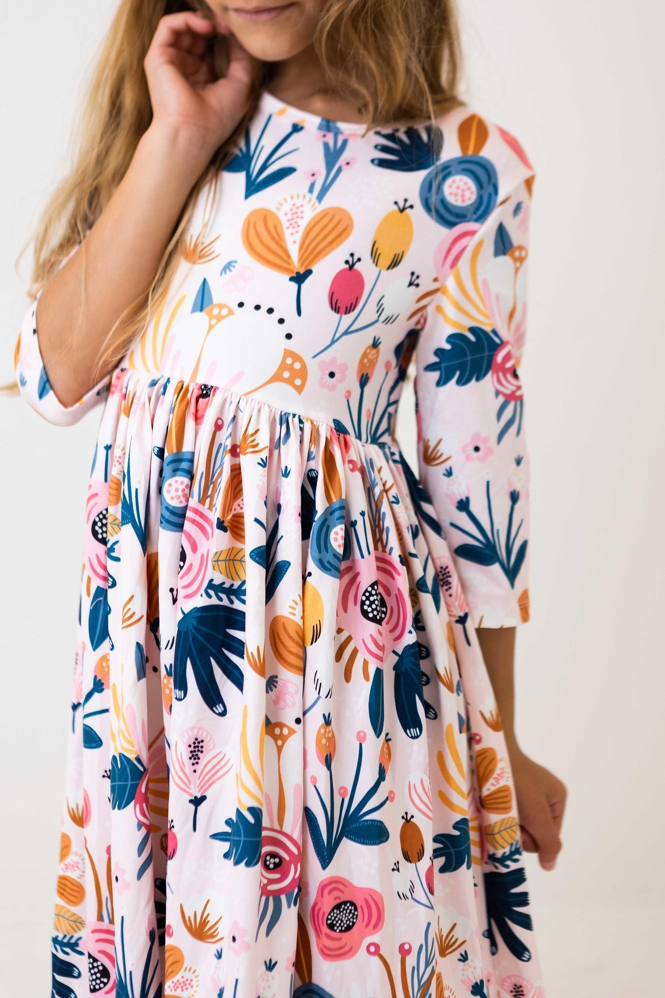 Robe Tournante Manches 3/4 avec Poches et Imprimé Pivoine Rosée