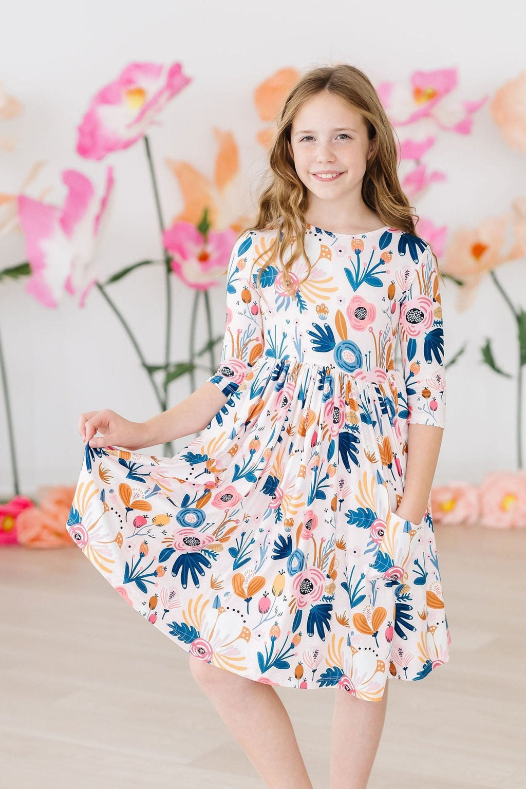 Robe Tournante Manches 3/4 avec Poches et Imprimé Pivoine Rosée