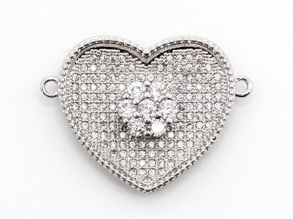 Clear CZ Micro Pave Heart Shape With Flower Connector for Bracelet/Necklace, Cubic Zirconia Space Connector, CZ Pave Beads,21x28mm, sku#Y35