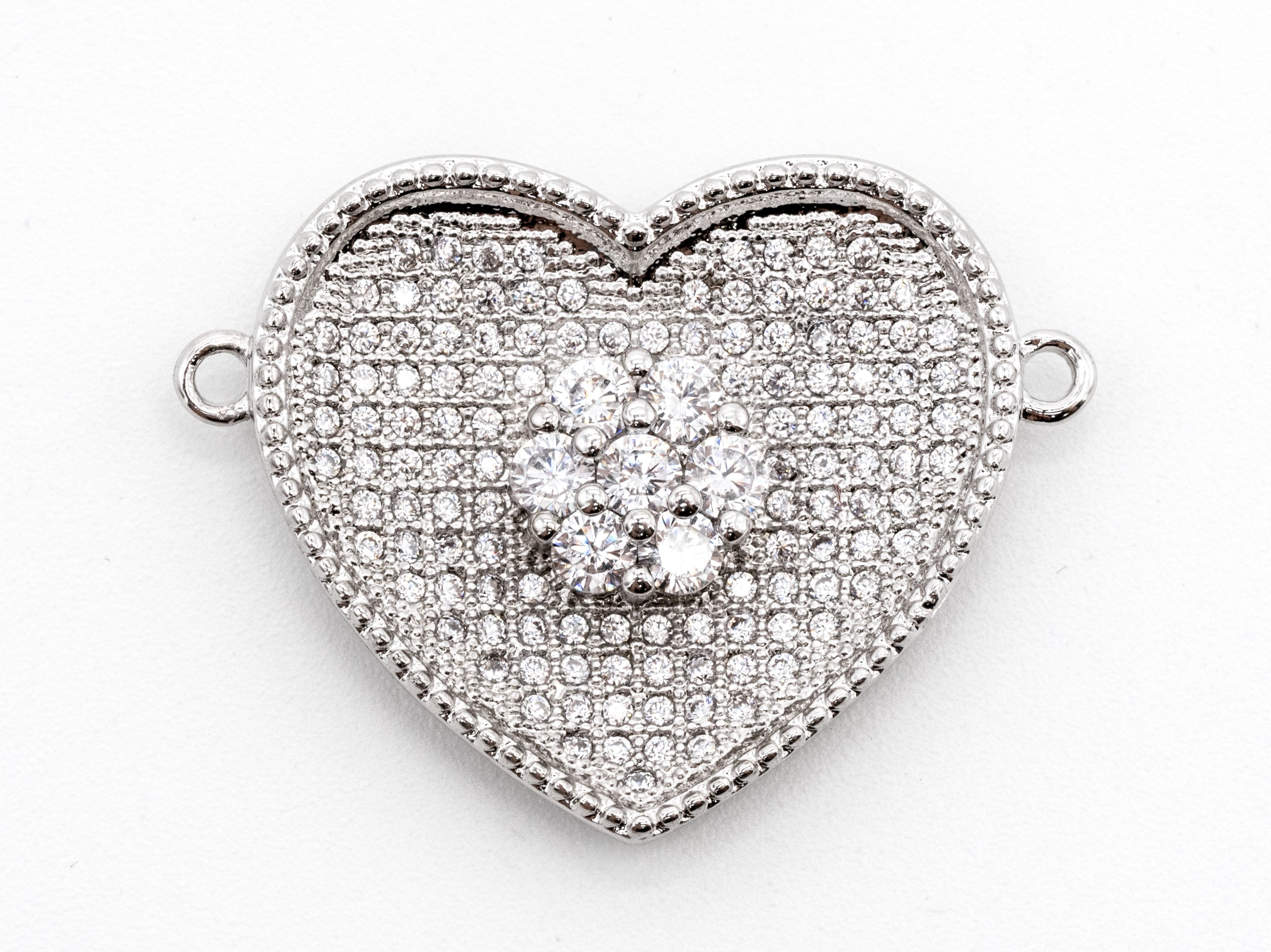 Clear CZ Micro Pave Heart Shape With Flower Connector for Bracelet/Necklace, Cubic Zirconia Space Connector, CZ Pave Beads,21x28mm, sku#Y35