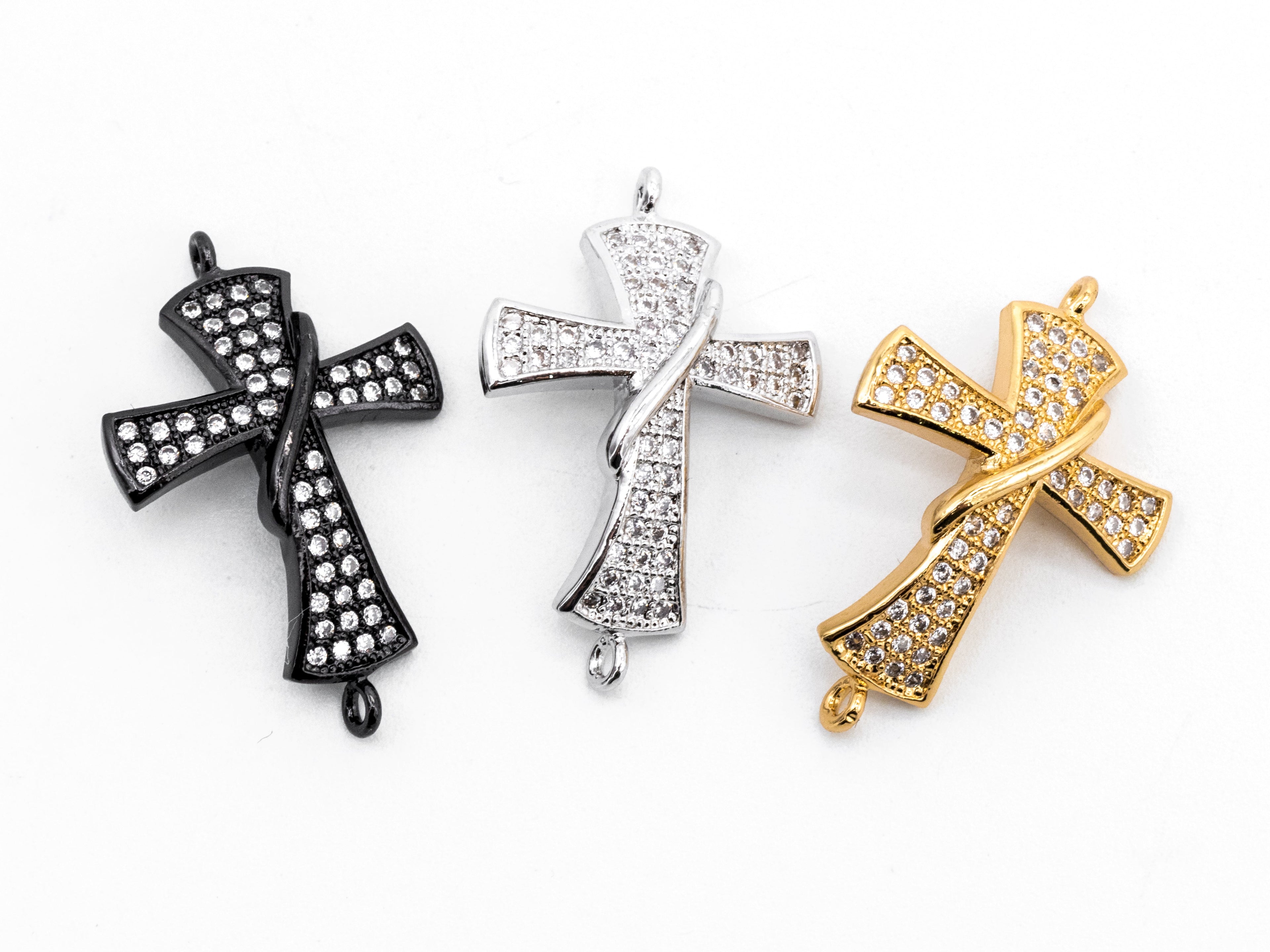 CZ Micro Pave Jesus Cross Connector/Link, Cubic Zirconia Pave Bracelet Necklace Connector in Gold Silver Gumental Finish,17x27mm,sku#Y38