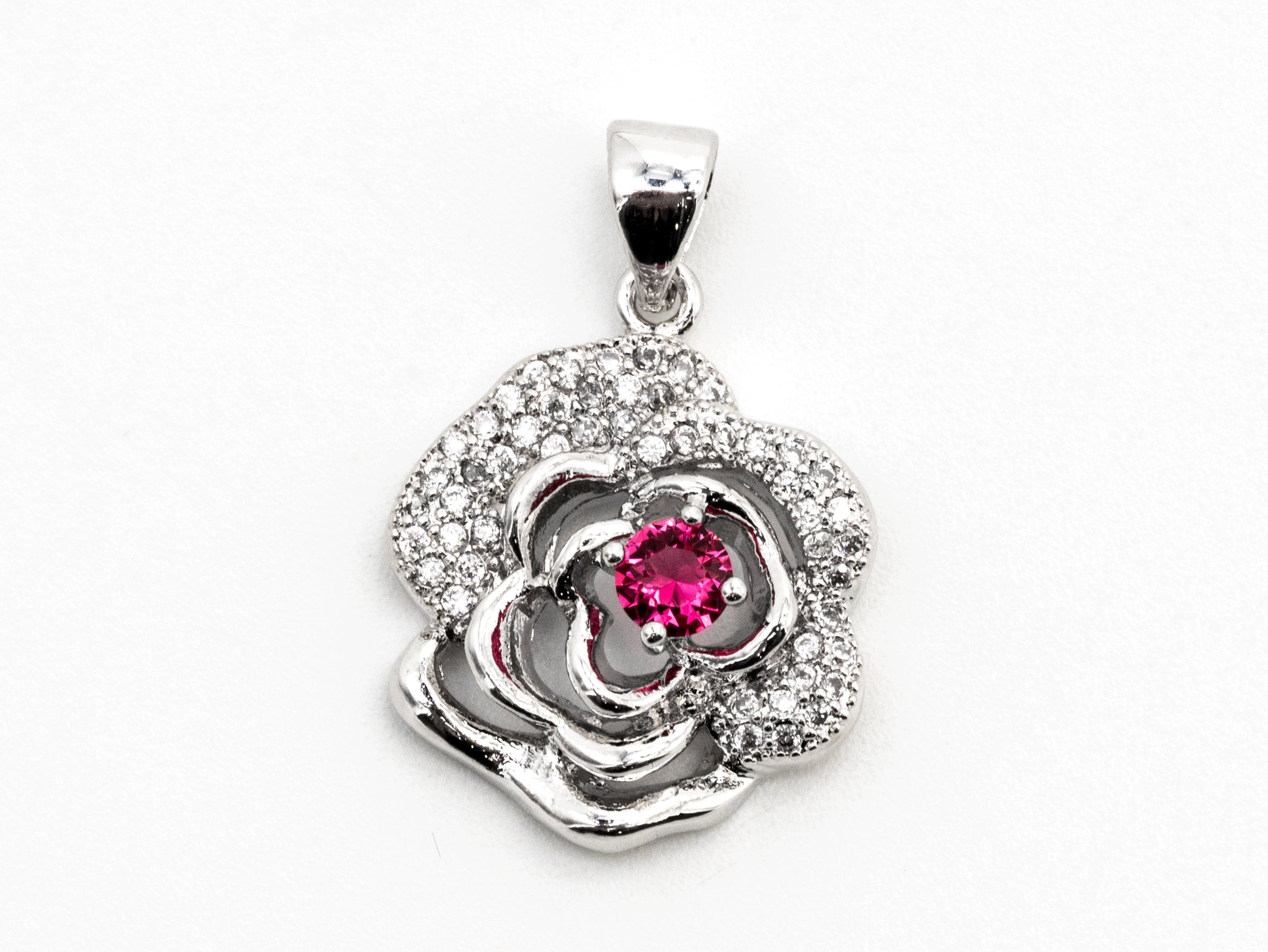 CZ Micro Pave Ruby Rose Flower Pendant,Fuchsia CZ, Cubic Zirconia Pave Flower Pendant, Jewelry DIY, 16x19mm, sku#Y51