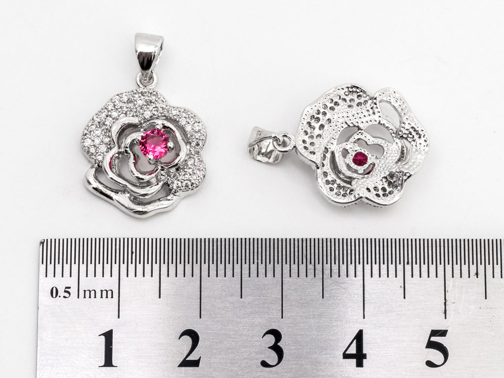 CZ Micro Pave Ruby Rose Flower Pendant,Fuchsia CZ, Cubic Zirconia Pave Flower Pendant, Jewelry DIY, 16x19mm, sku#Y51