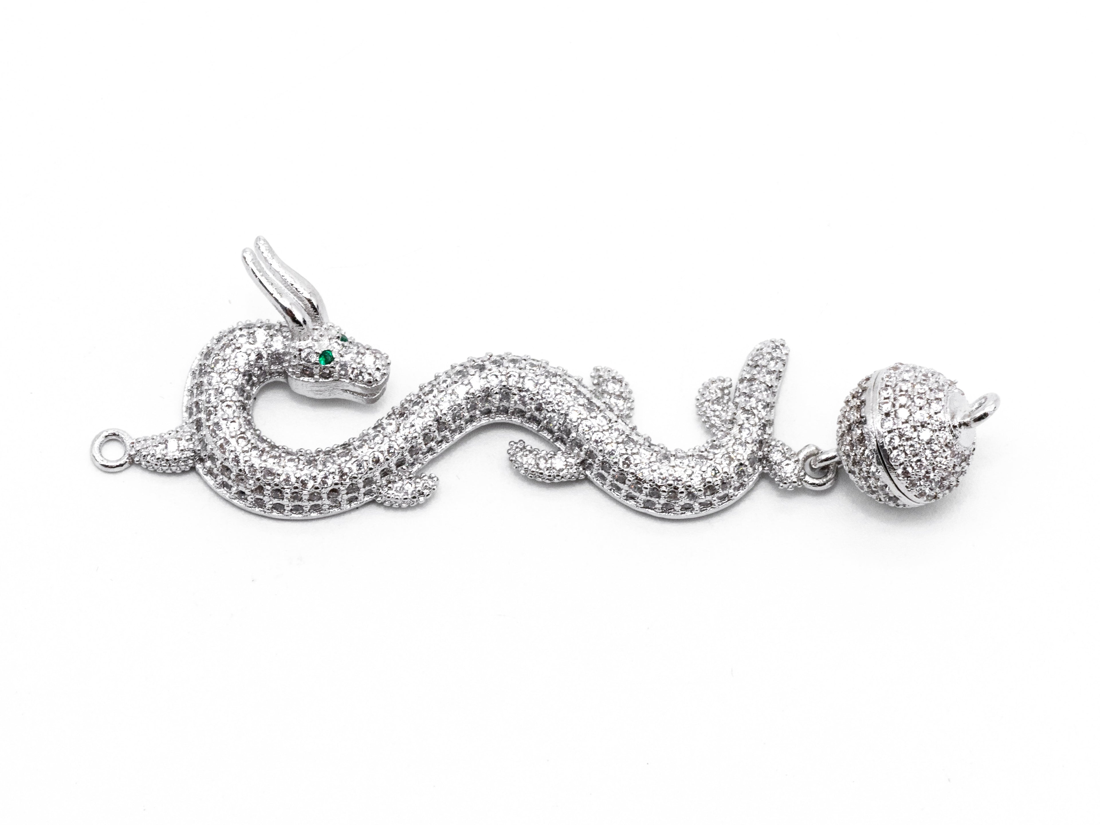 CZ Micro Pave long Dragon Pendant with Strong Magnetic Clasp, Rose gold Silver Rhodium Plated,Pave Pendant, Pave Clasps,14x67x10mm, SKU#Y71
