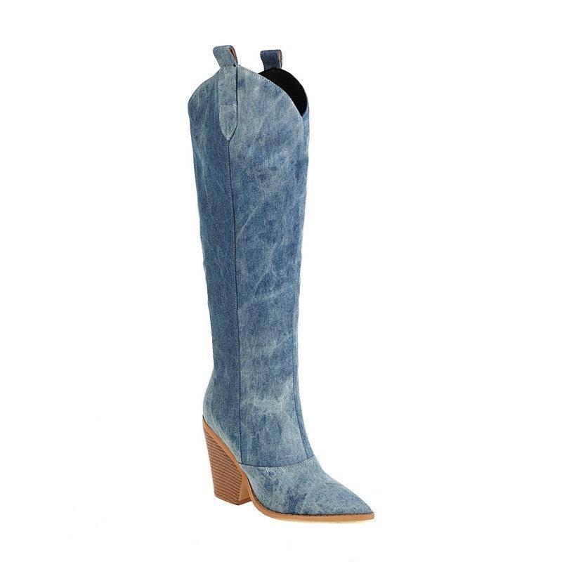 Bottes de cowgirl genouillères en jean tie-dye