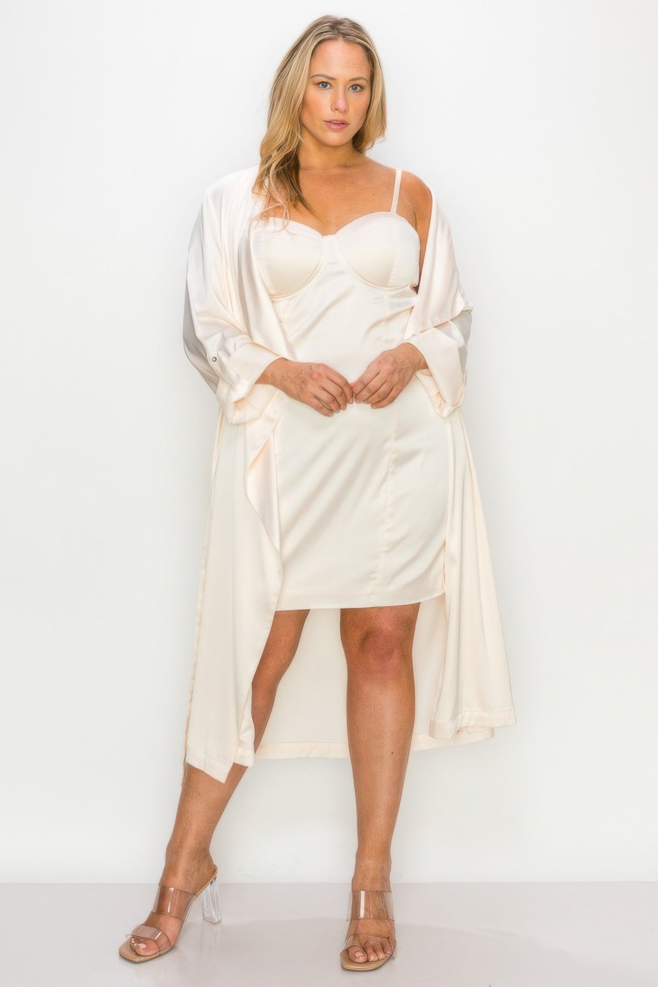 Satin Strap Dress With Self Belt Coat Set