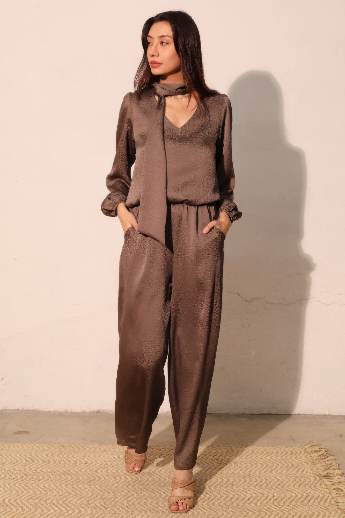 Hammered Satin Tie Neck Bubble Top