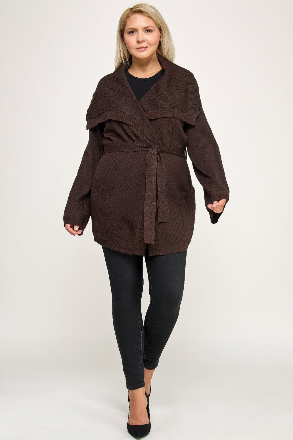 Ribbed Wrap Cardigan With Waist Belt