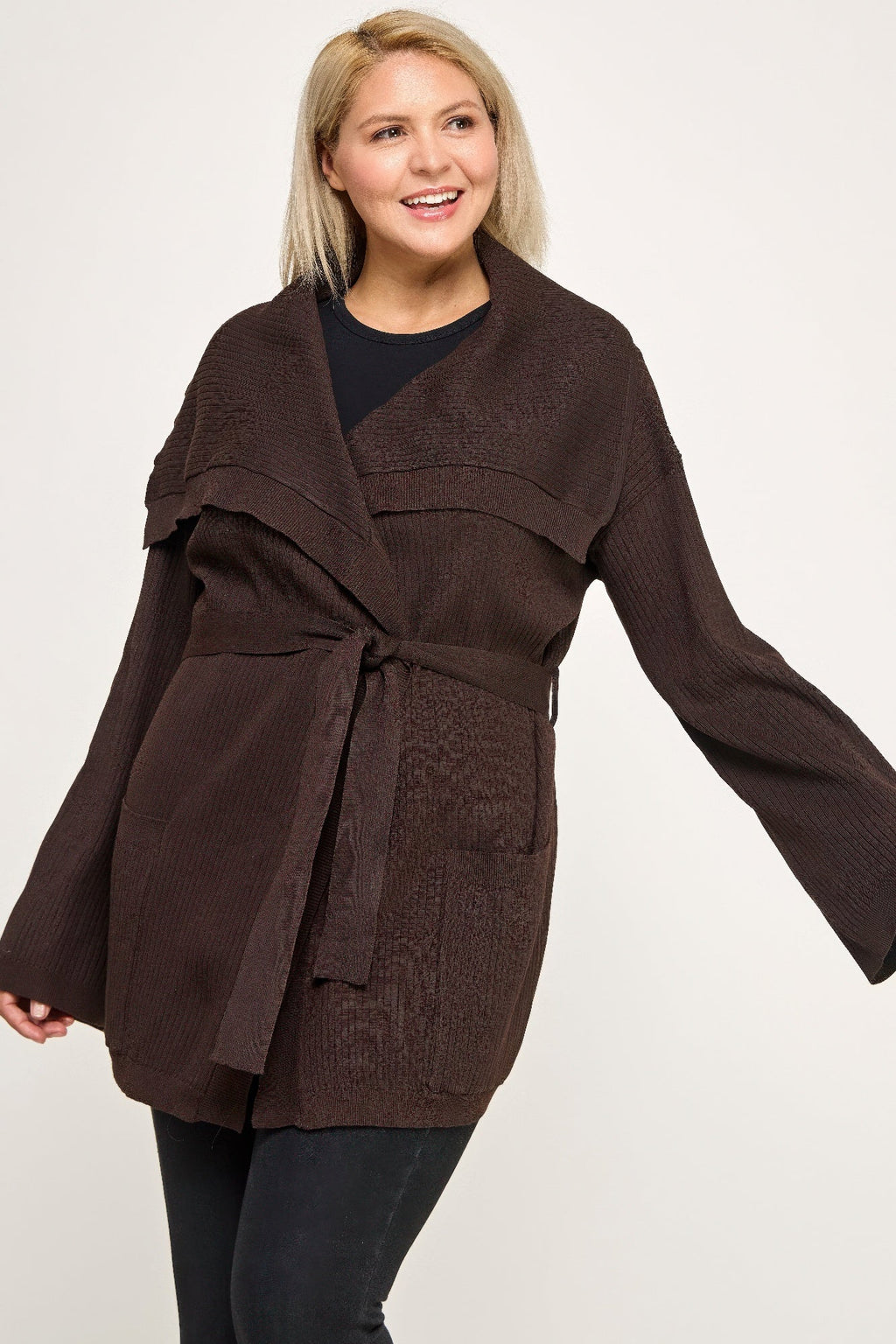 Ribbed Wrap Cardigan With Waist Belt