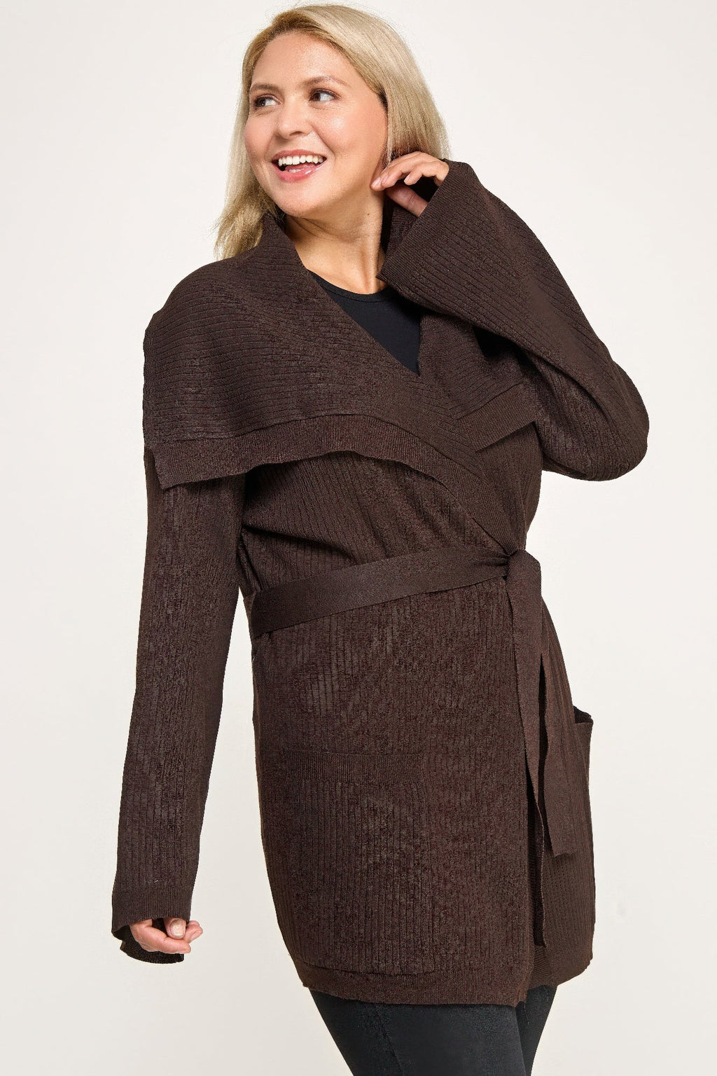 Ribbed Wrap Cardigan With Waist Belt