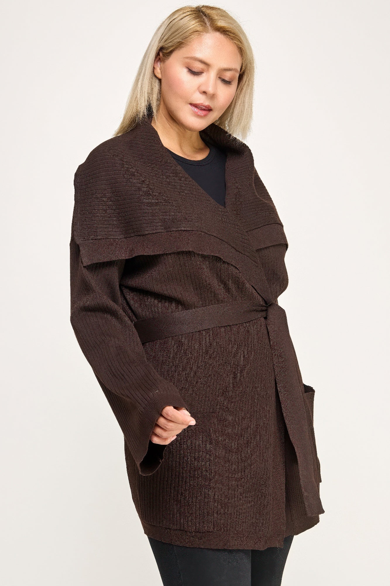 Ribbed Wrap Cardigan With Waist Belt