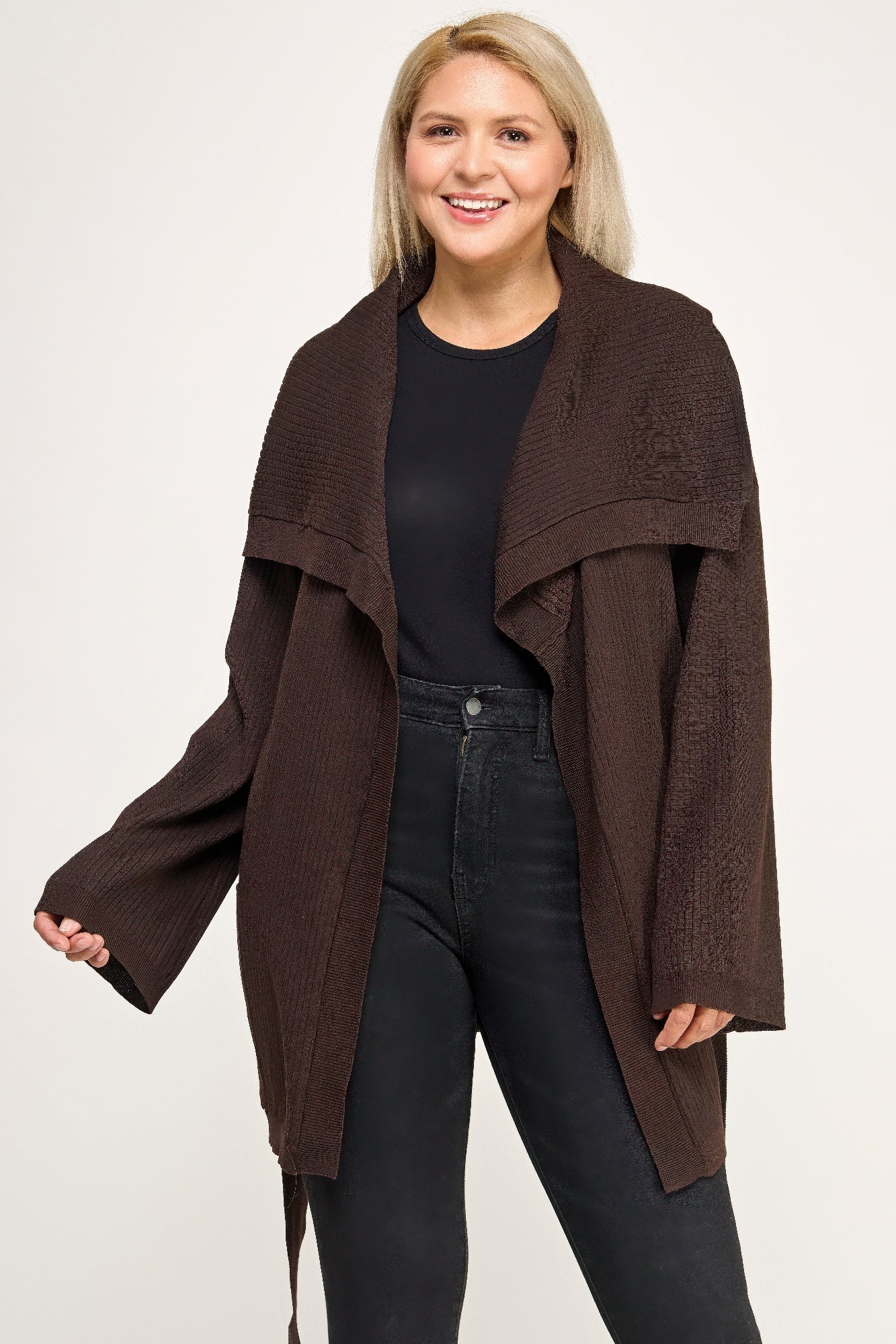 Ribbed Wrap Cardigan With Waist Belt