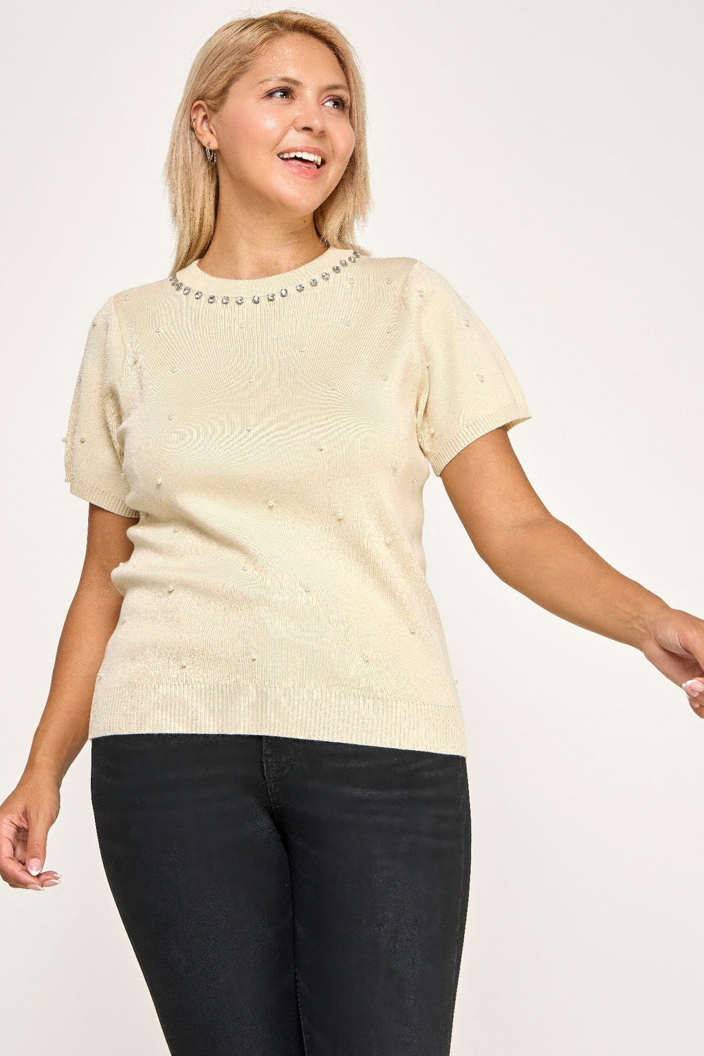 Pearl & Rhinestone Knit Sweater Top