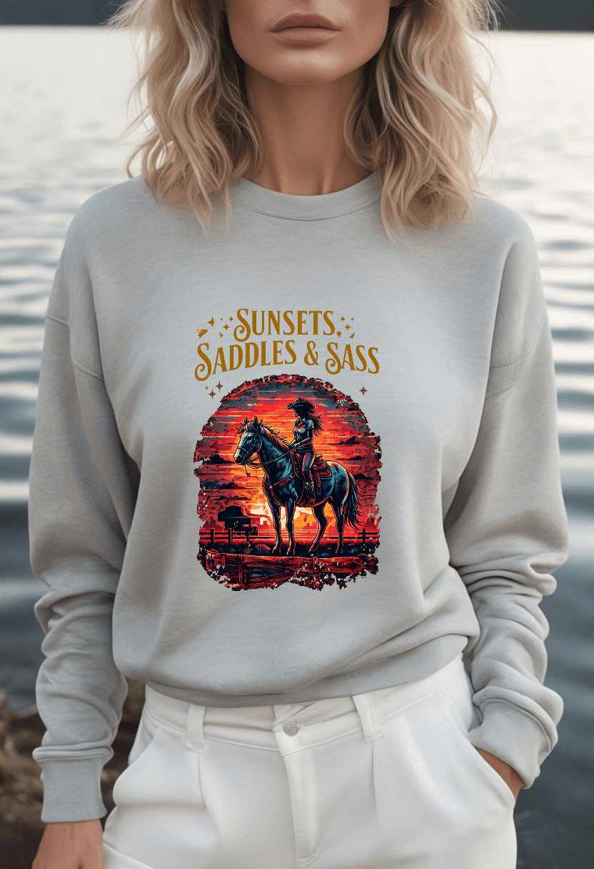Sweat-shirt ras-du-cou en molleton doux "Sunsets Saddles and Sass"