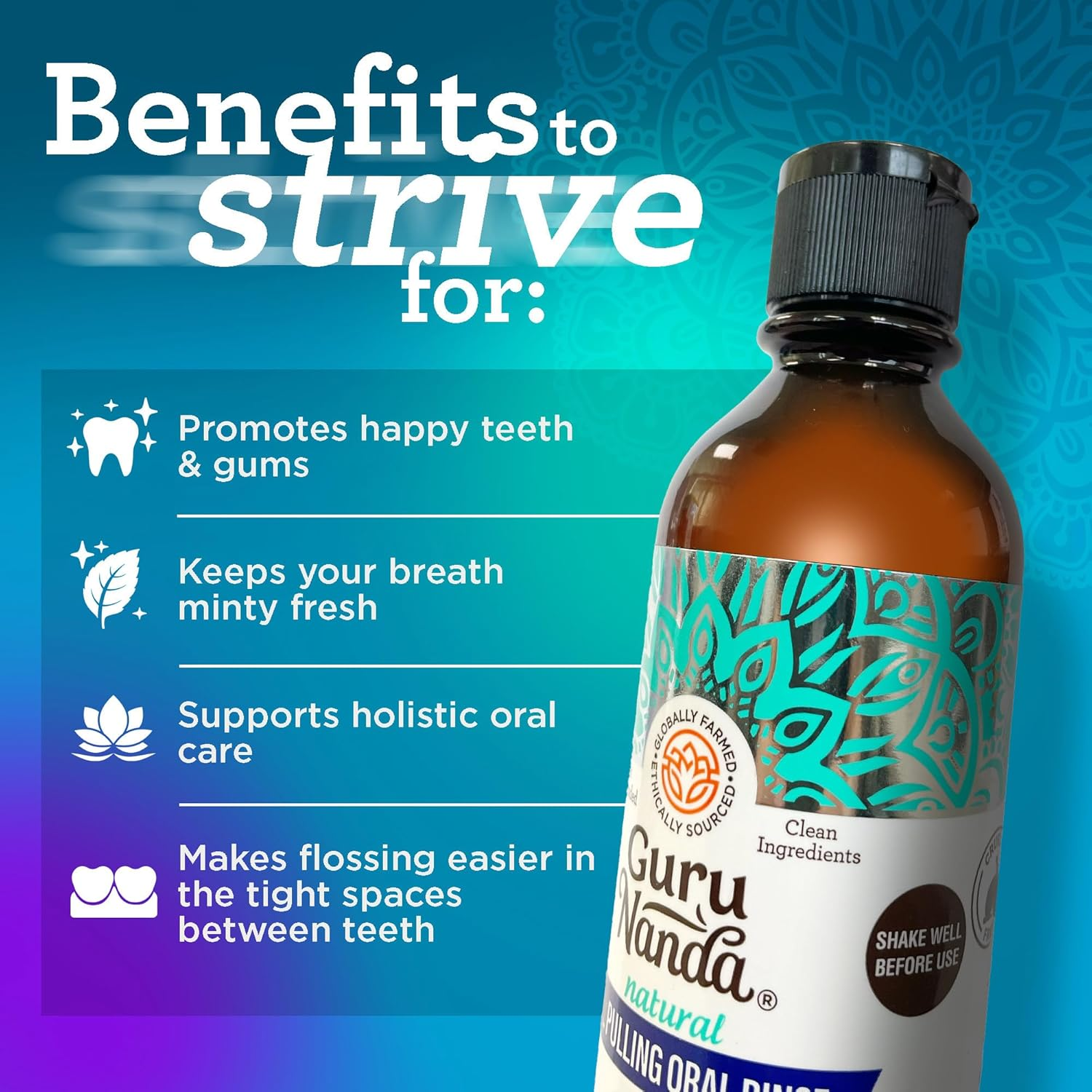 GuruNanda Cocomint Oil Pulling Mouthwash for Complete Oral Hygiene, 7 Essential Oils & Vitamins for Happy Teeth & Gums & Fresh Breath , Alcohol-Free, 8 Oz