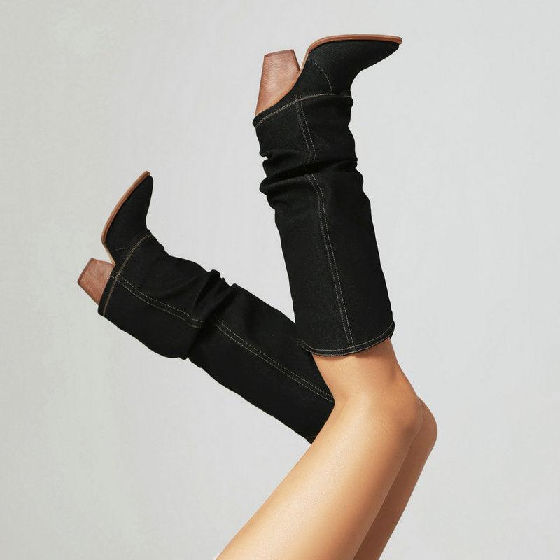 Bottes de cowboy souples en denim | Élégantes bottes de cowboy hautes pour cow-girls